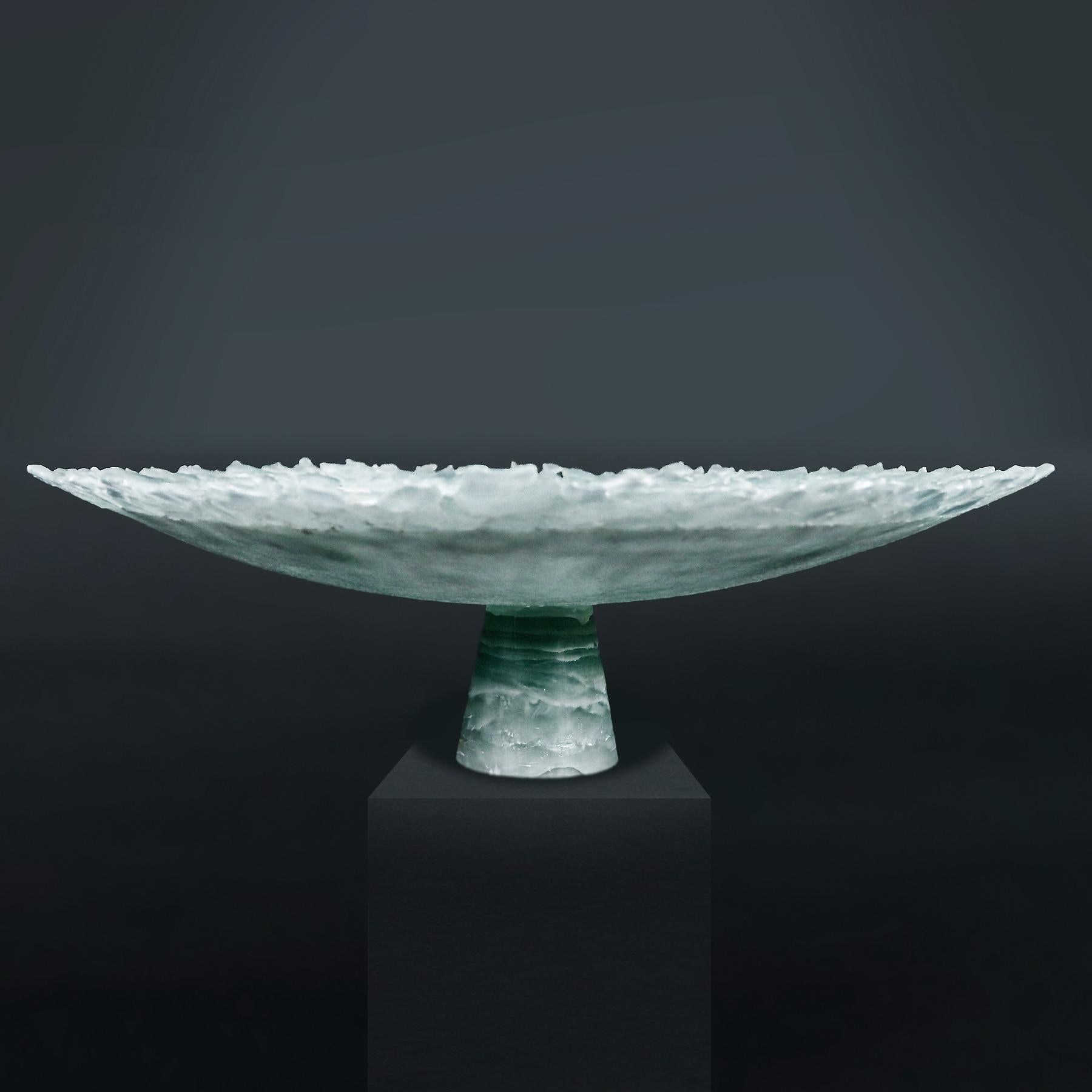 Large vintage 1960s French Pate de Verre light aquamarine coloured glass centre display dish.

The Pate-de-verre glass technique dates back to the second millennium BC and was mostly used in jewellery and sculpture inlays in ancient Egypt and Rome.