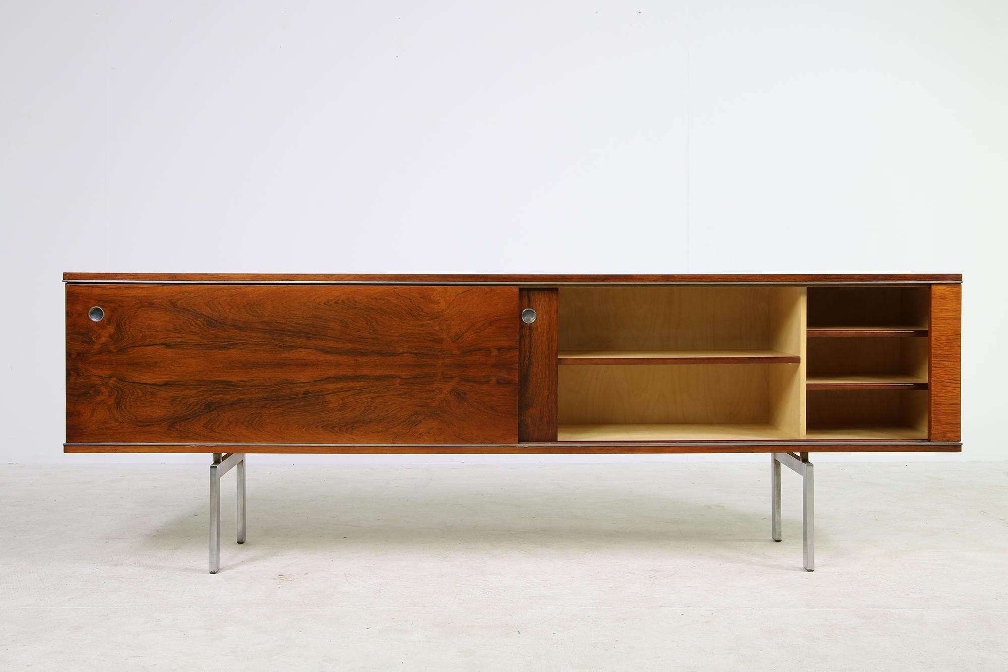 Mid-Century Modern Large Vintage 1960s Sideboard Credenza, Belgium, Reversible Doors, Metal Base