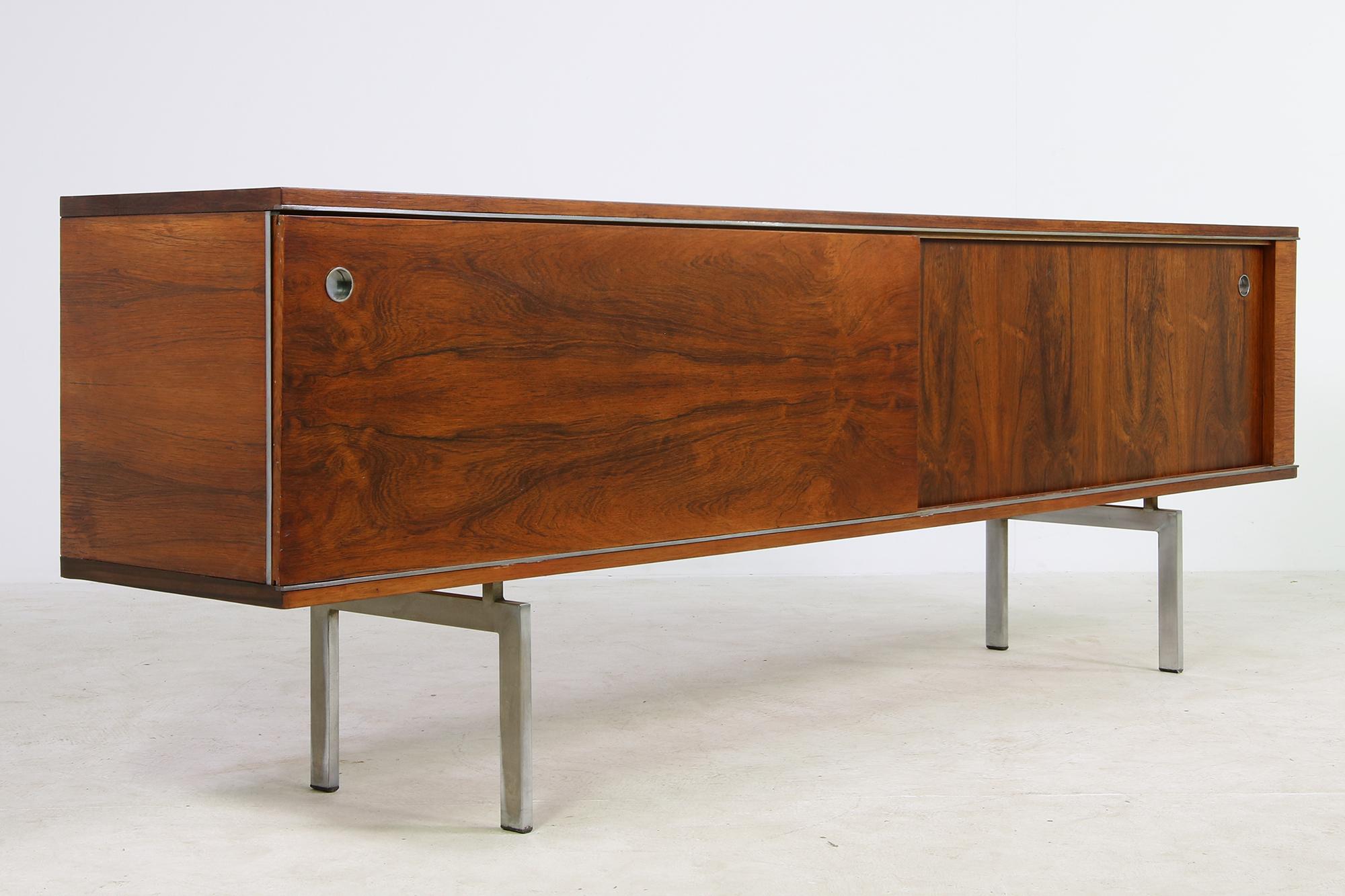 Wood Large Vintage 1960s Sideboard Credenza, Belgium, Reversible Doors, Metal Base