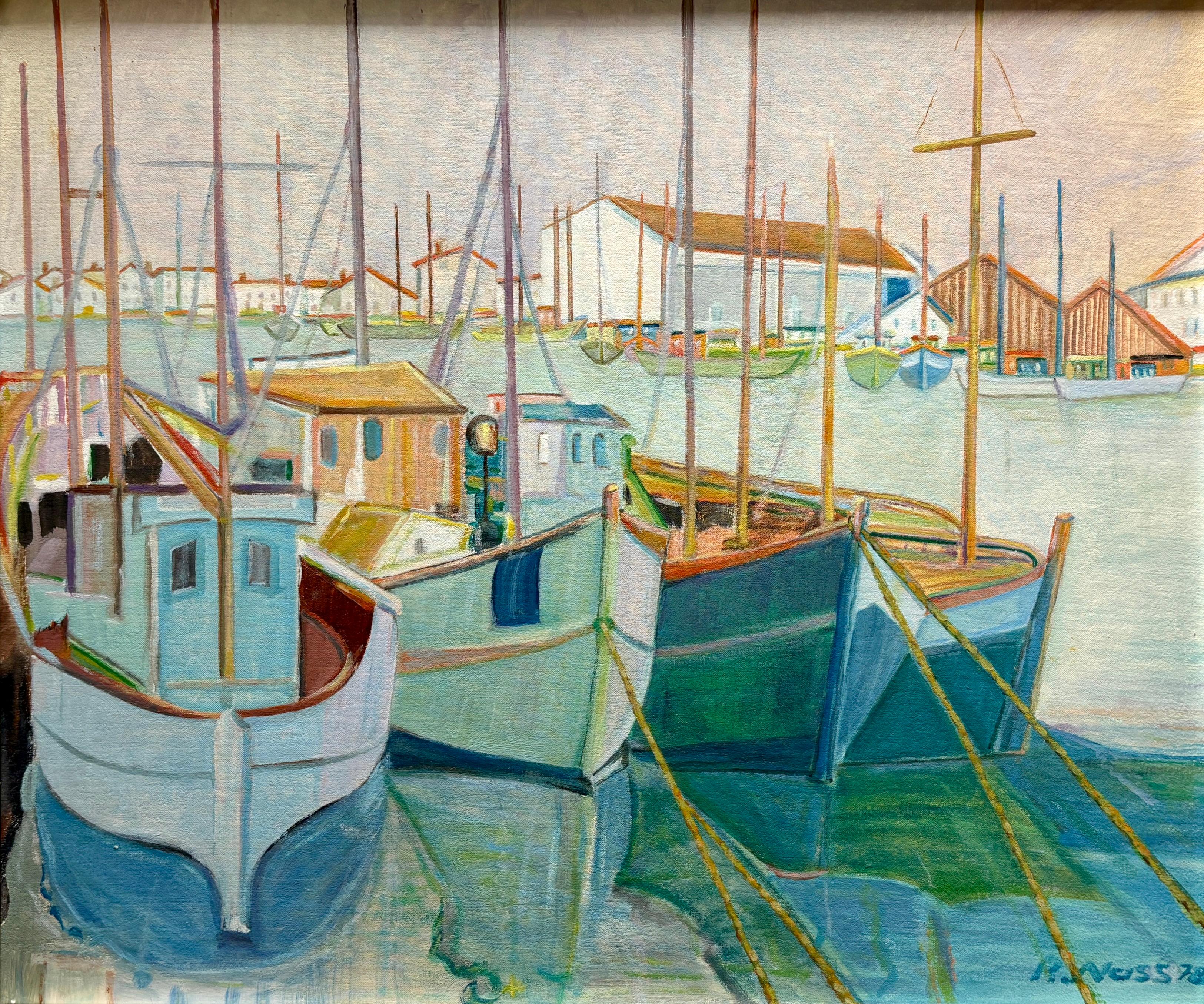 A stunning piece of original, vintage art. Despite its' seemingly Scandinavian influence, this oil painting on hardboard is actually French. It is dated 1978 and signed by artist, R. Neiss, in the lower right corner (see photo). It depicts a harbor
