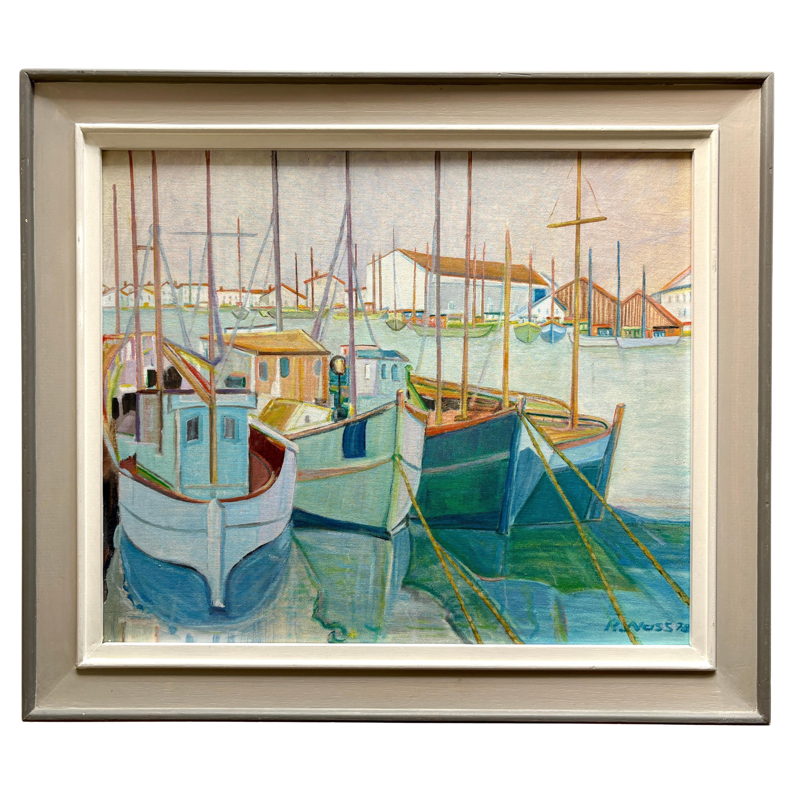Large Vintage 1970s French Original Oil Painting in Pastel Colors