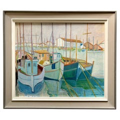 Large Vintage 1970s French Original Oil Painting in Pastel Colors