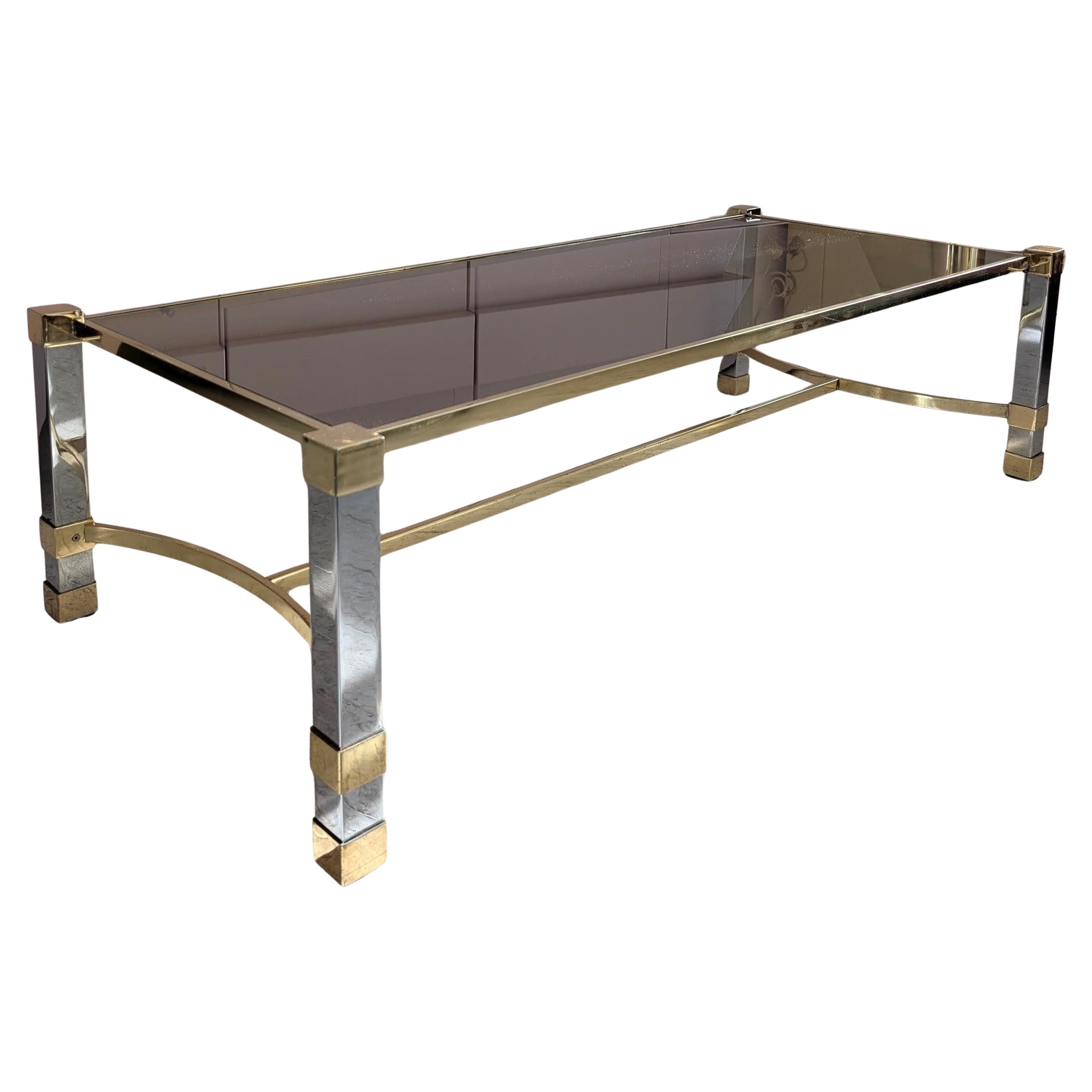 Large vintage 1970s Hollywood Regency chrome & gold coffee table, mid century