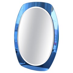 Large Vintage 1970s Italian Sapphire Blue Glass Wall Mirror Murano Lupi