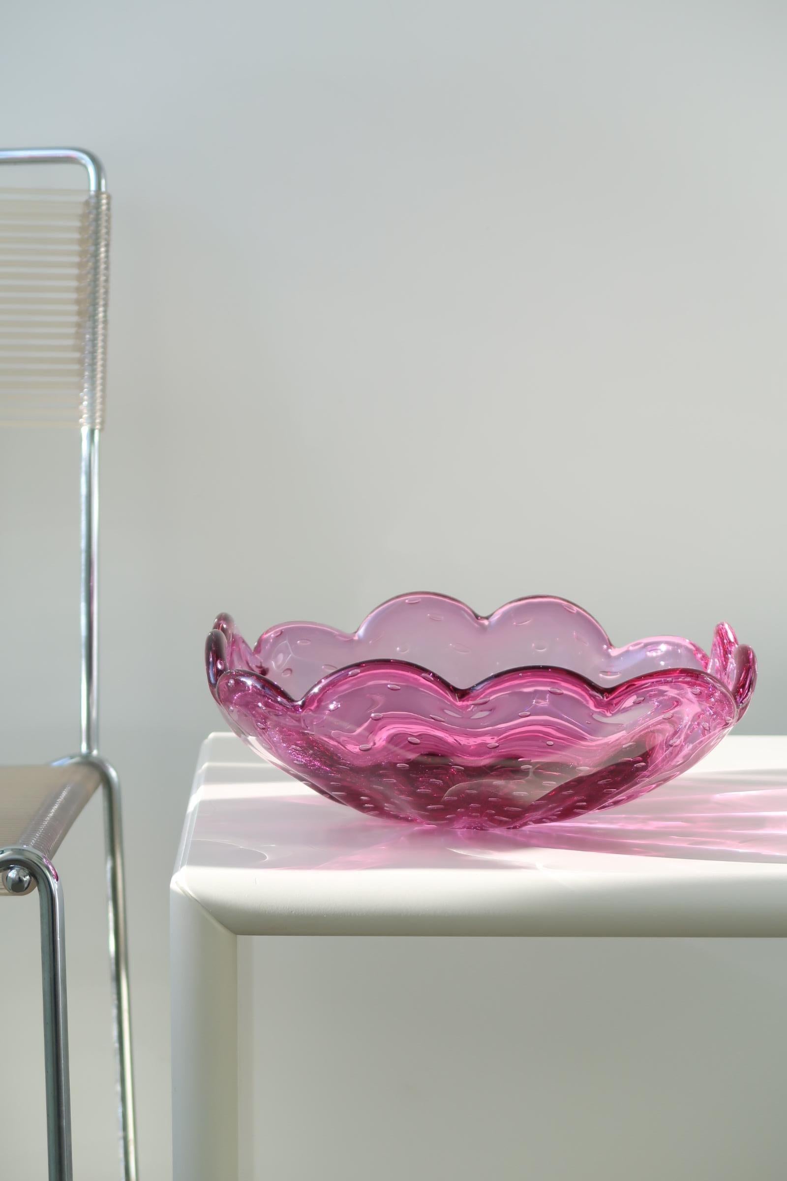 Murano Glass Large Vintage 1970s Murano Pink Purple Bullicante Bubble Bowl Mouth Blown
