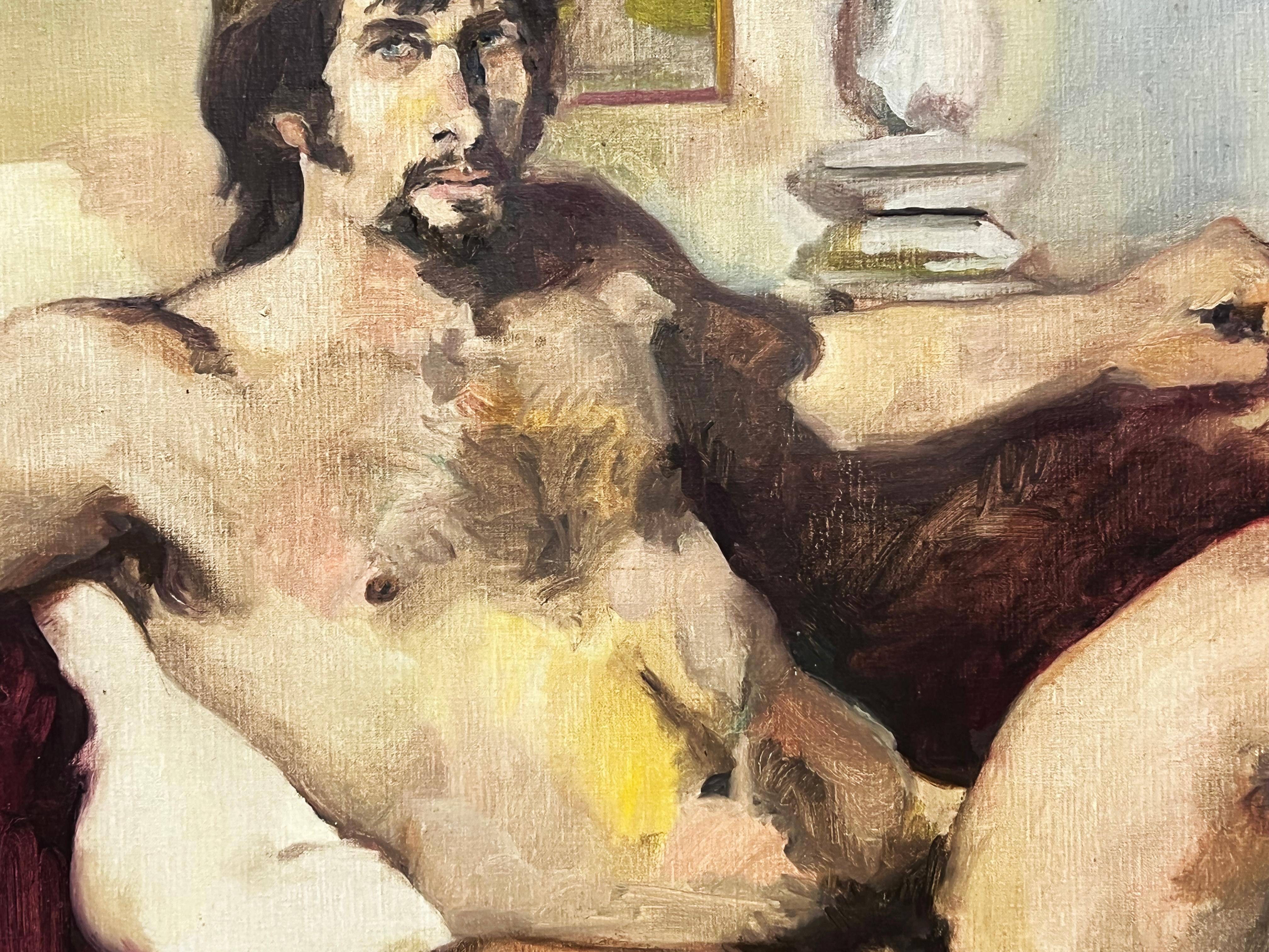 Moderno Grande pittura ad olio vintage degli anni '70 di Robert Gable, studio di nudo maschile