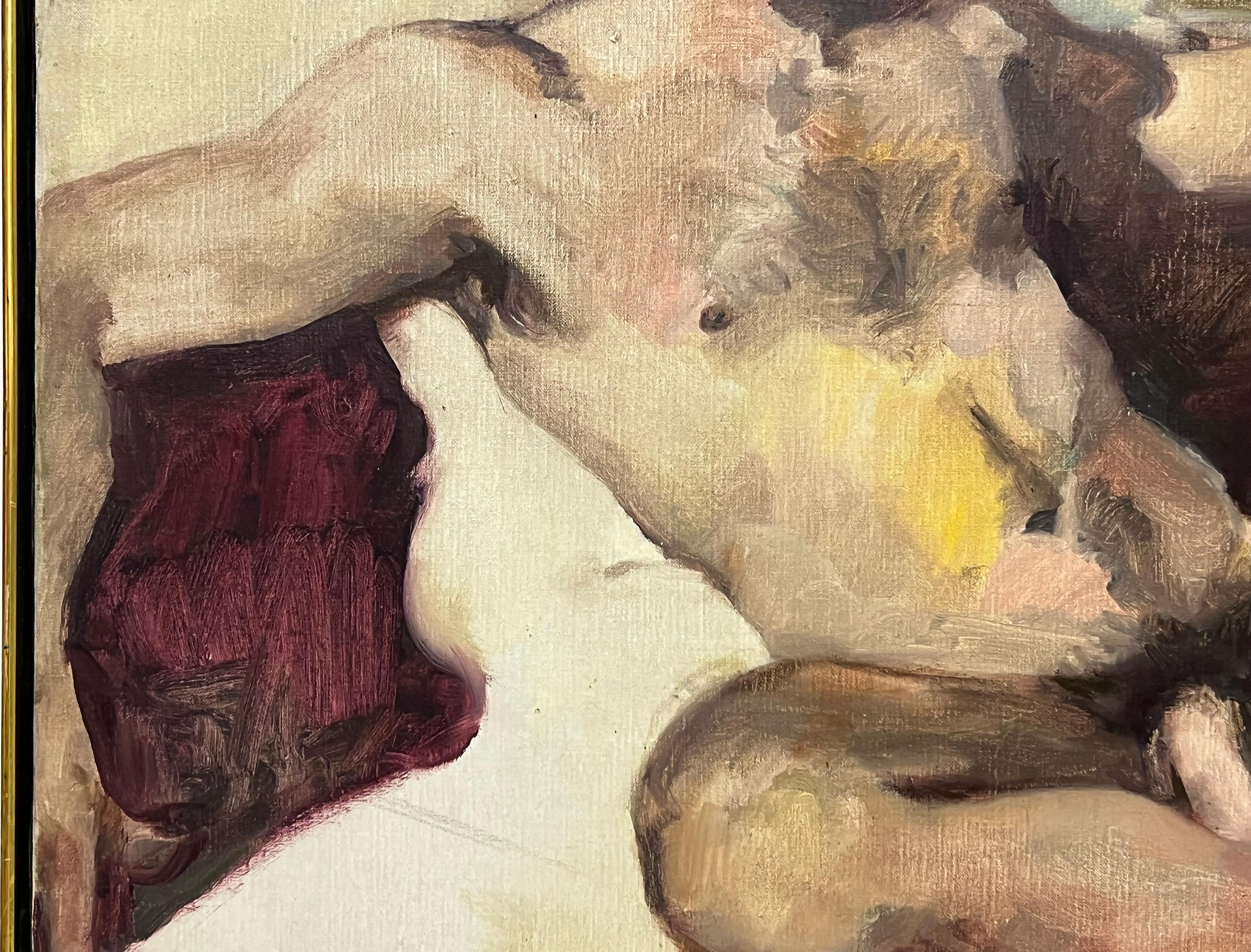 Americano Grande pittura ad olio vintage degli anni '70 di Robert Gable, studio di nudo maschile