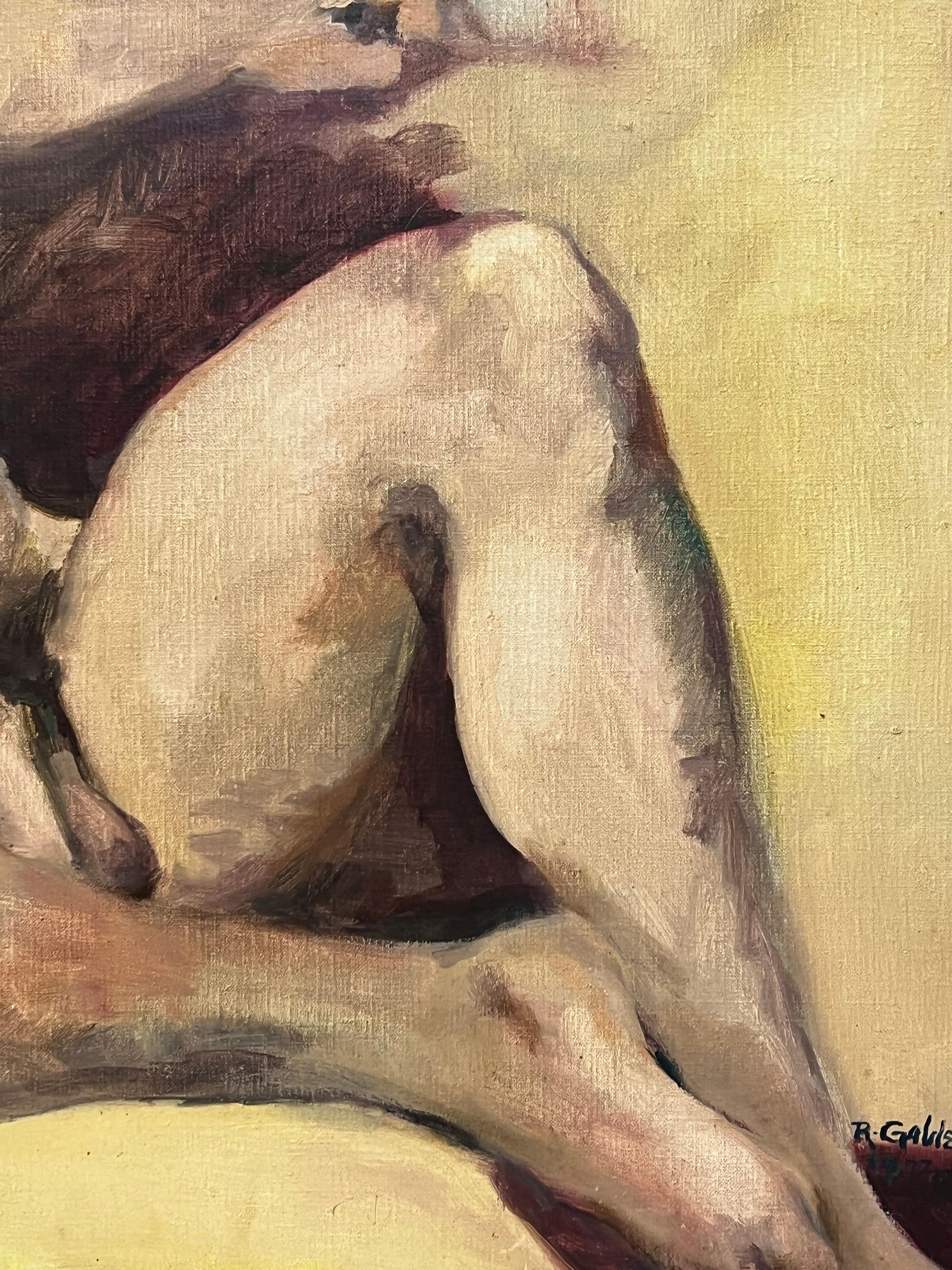 Dipinto a mano Grande pittura ad olio vintage degli anni '70 di Robert Gable, studio di nudo maschile