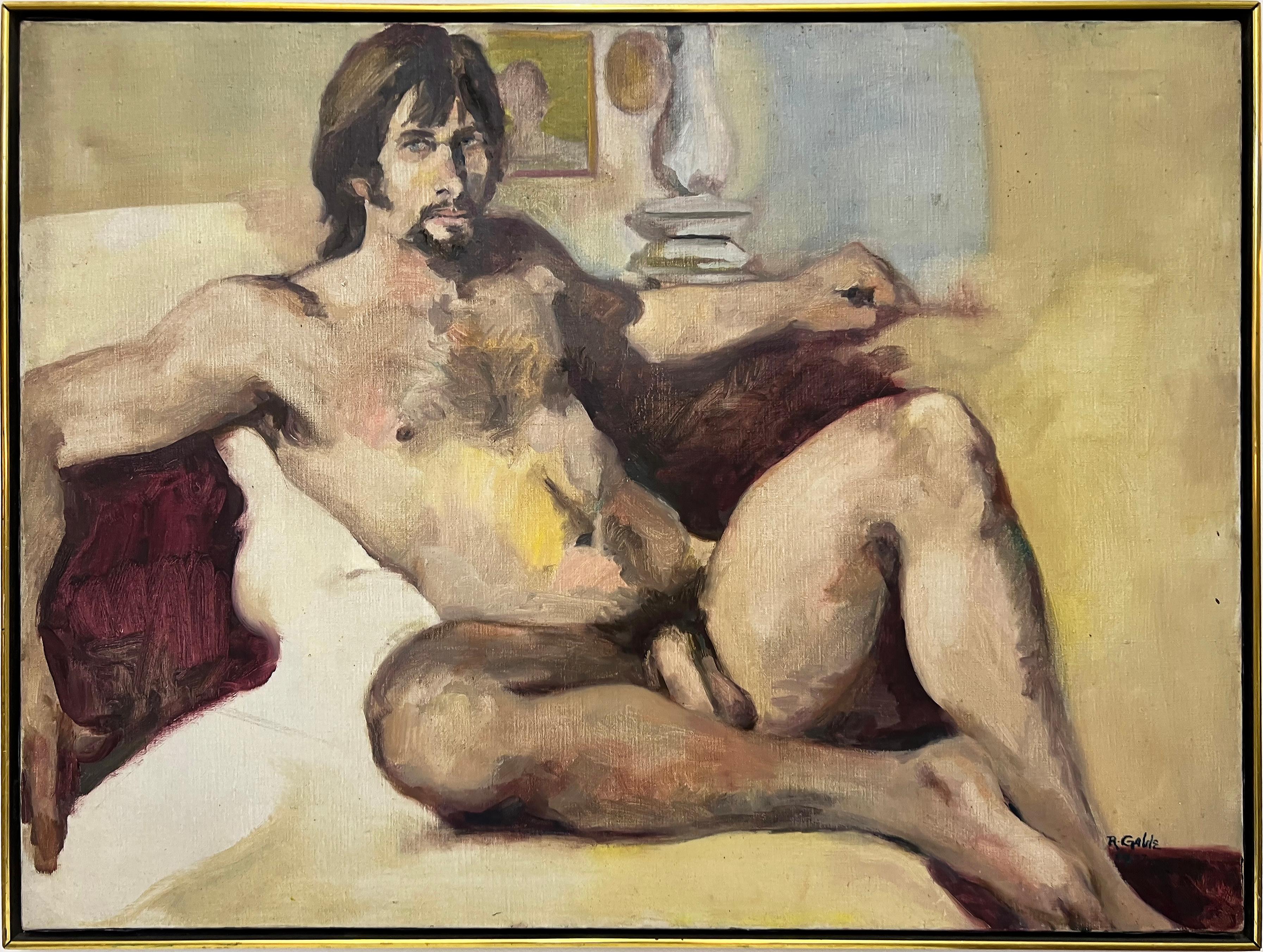 Gran pintura al óleo de estudio de desnudo masculino vintage de los años 70 de Robert Gable Lienzo en venta