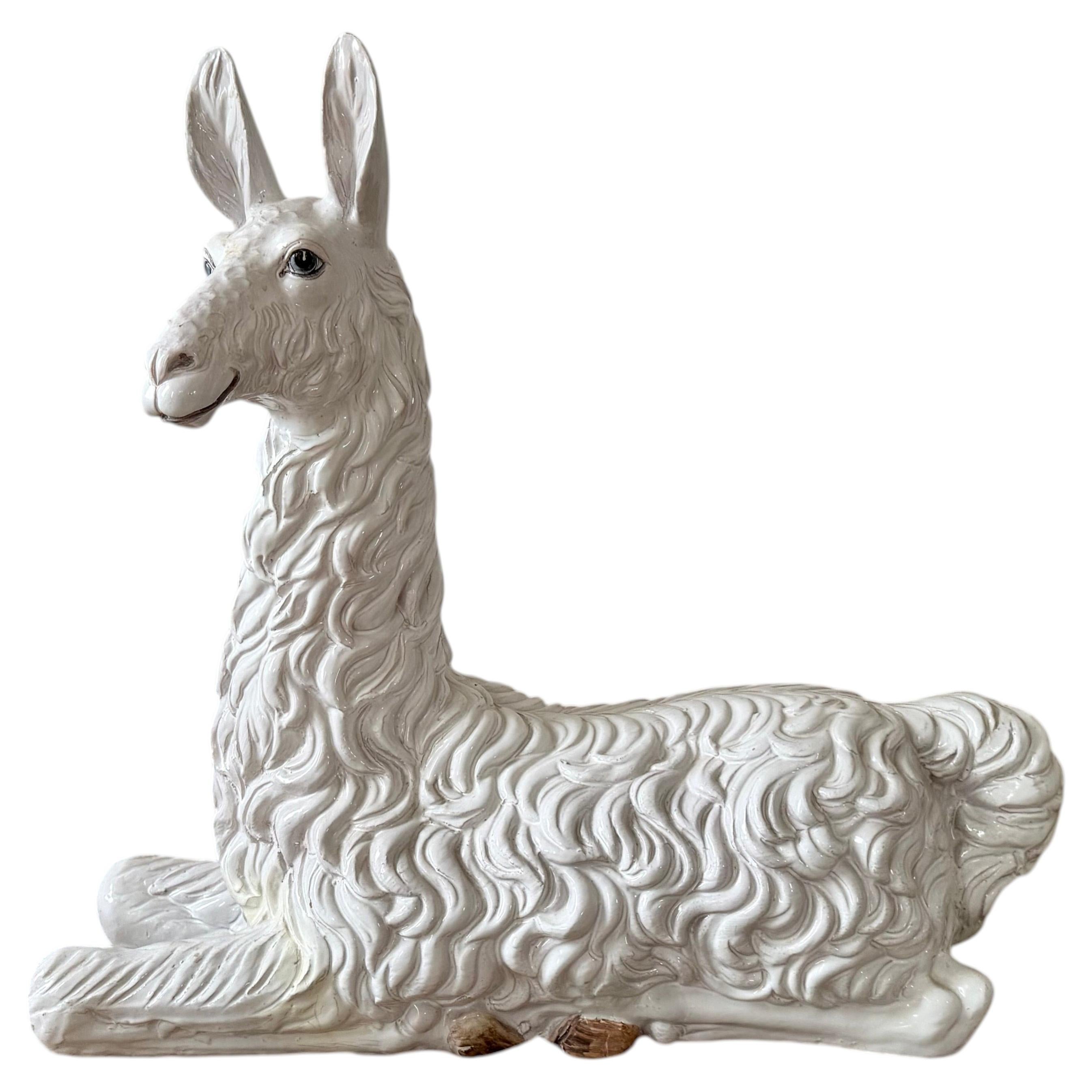 Large Vintage 1970s White Glazed Terracotta Llama Sculpture - Made in Italy -