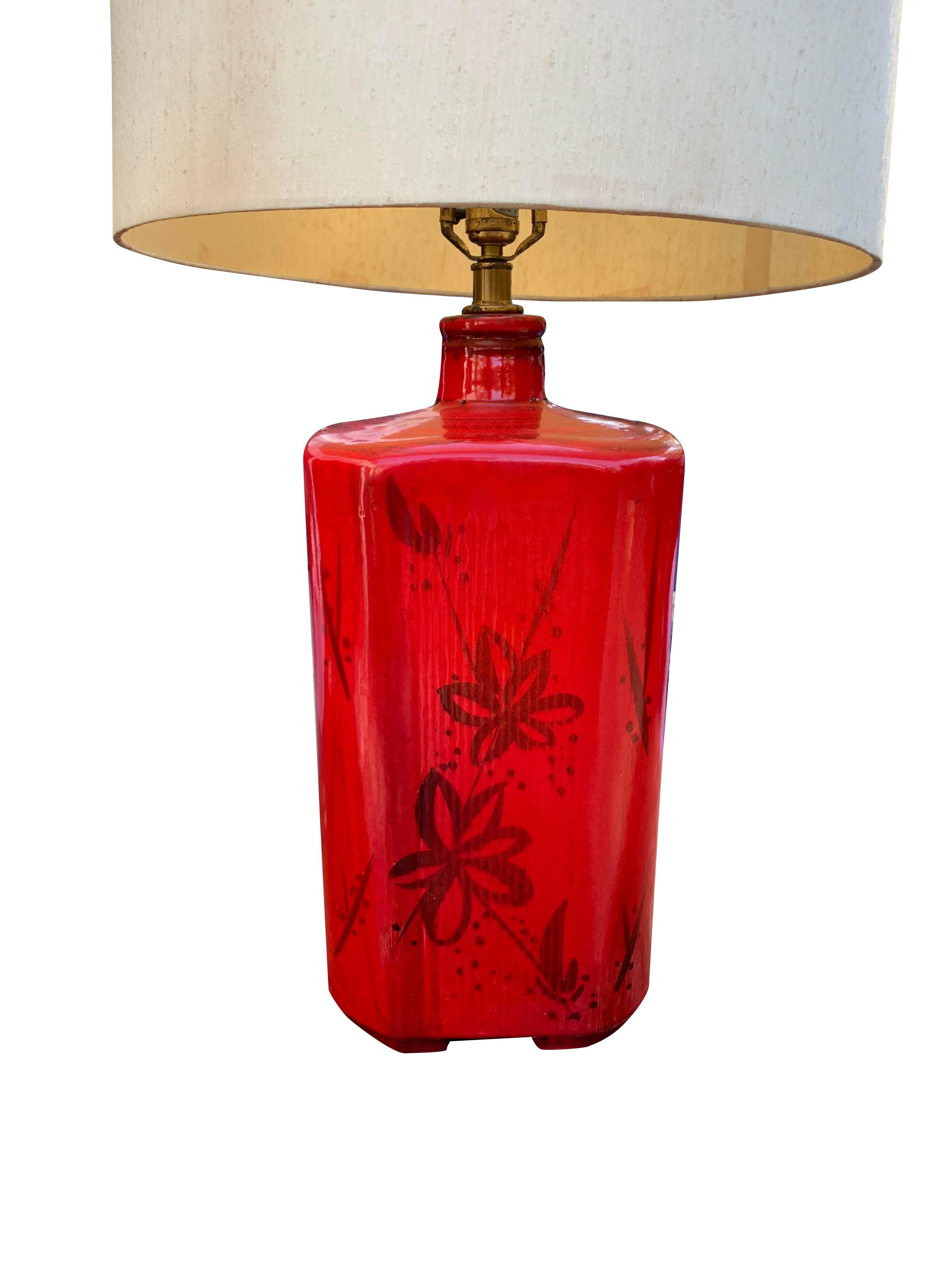 Late 20th Century Large Vintage 1980s Asian Style Red Table Lamp With Shade