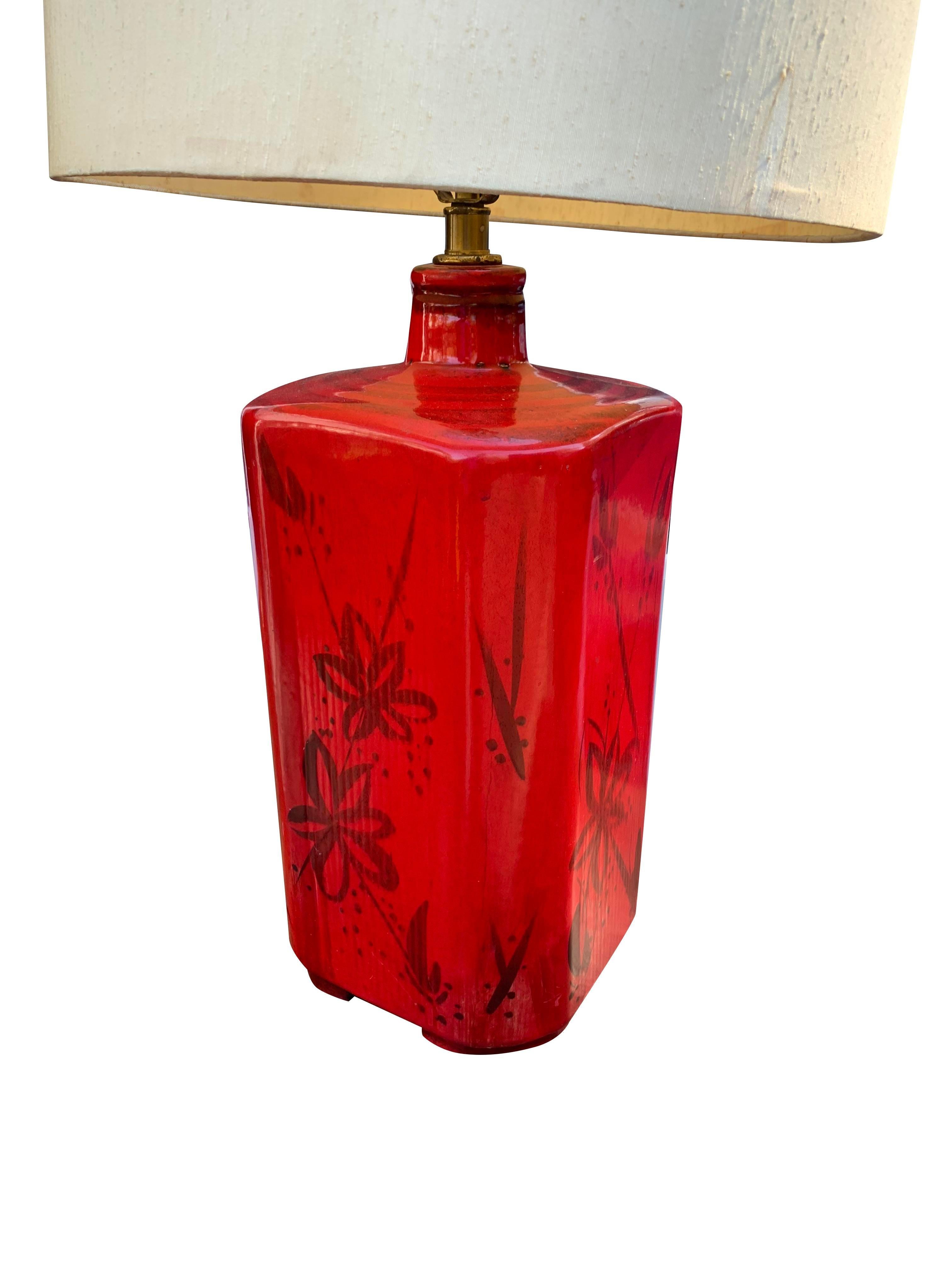 Ceramic Large Vintage 1980s Asian Style Red Table Lamp With Shade