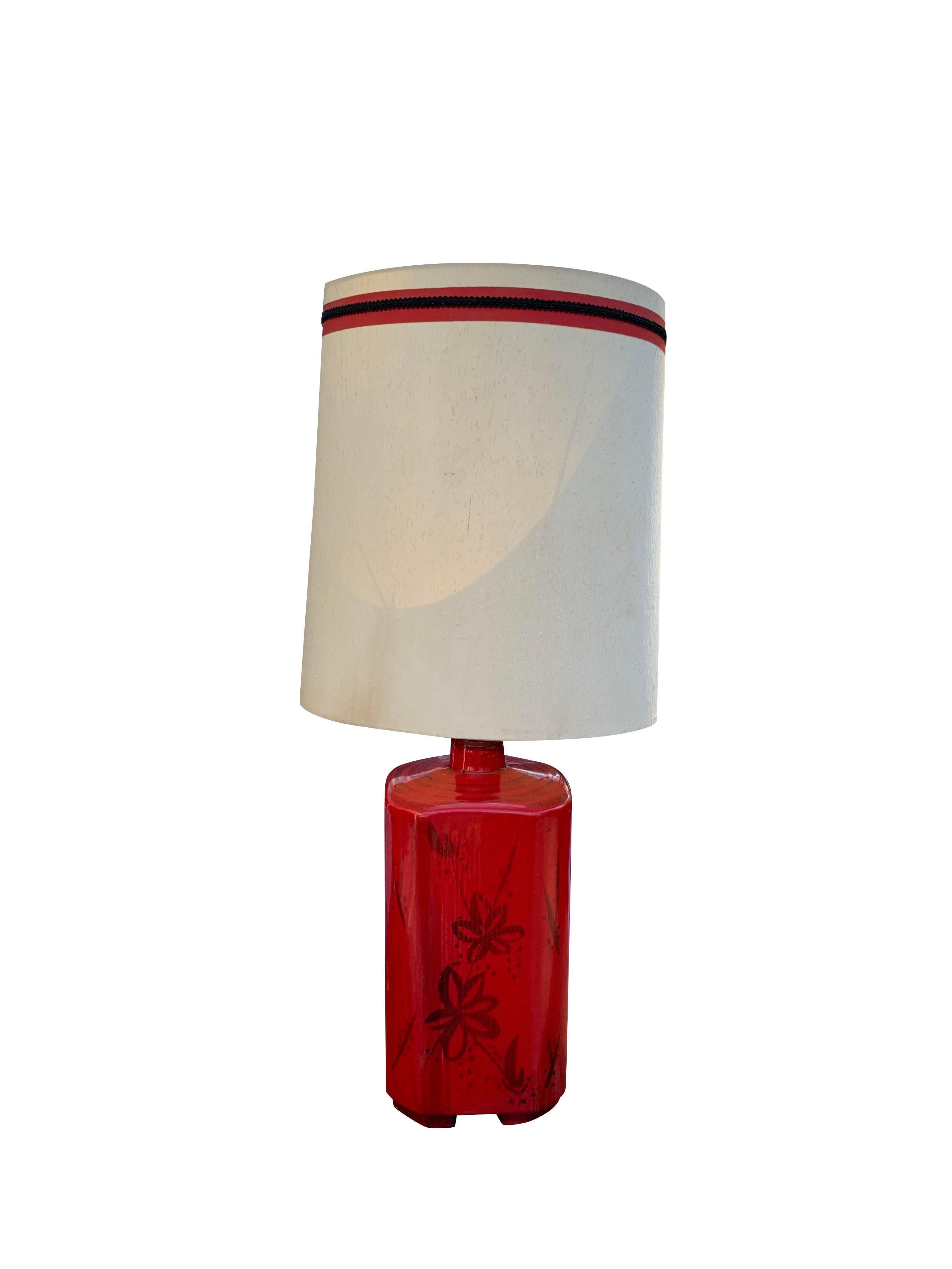 Large Vintage 1980s Asian Style Red Table Lamp With Shade 3