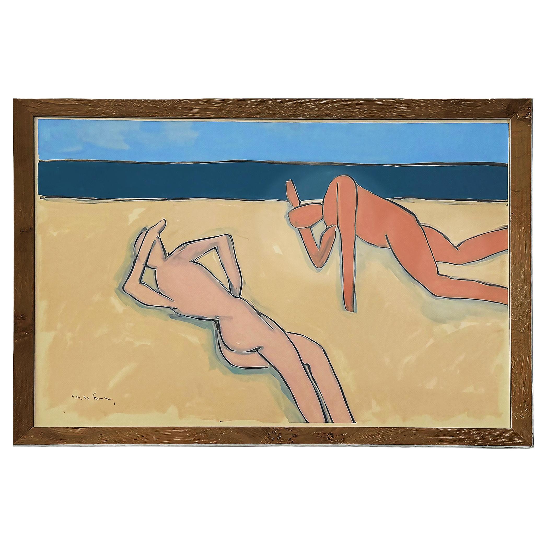 Grande peinture abstraite de nus réalisée par Harley Francis dans les années 1980. Techniques mixtes, verre en vente