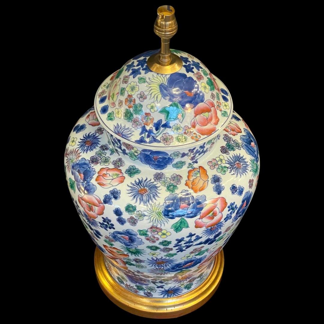 Ceramic Large Vintage 19th Century Floral Jar Table Lamp For Sale