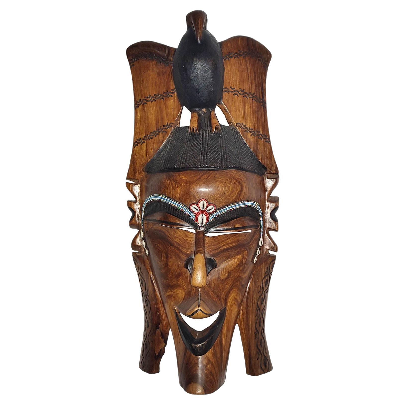 Large Vintage 2 ft Tall African Hand Carved Wood Wall Tribal Mask For Sale