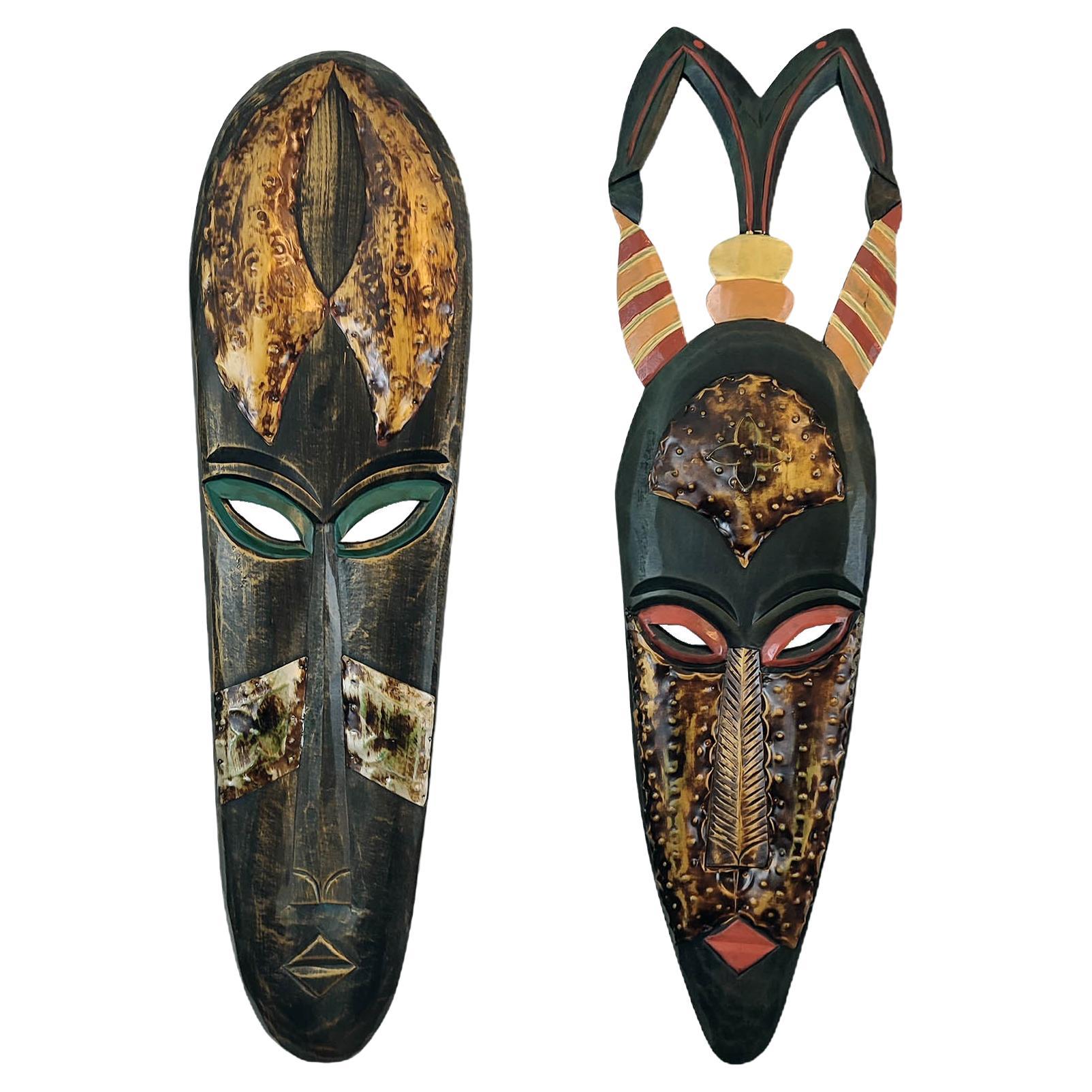 Large Vintage 2, 6 Ft Tall African Tribal Hand Carved Wood Wall Masks