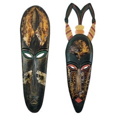 Large Vintage 2,6 Ft Tall African Tribal Hand Carved Wood Wall Masks
