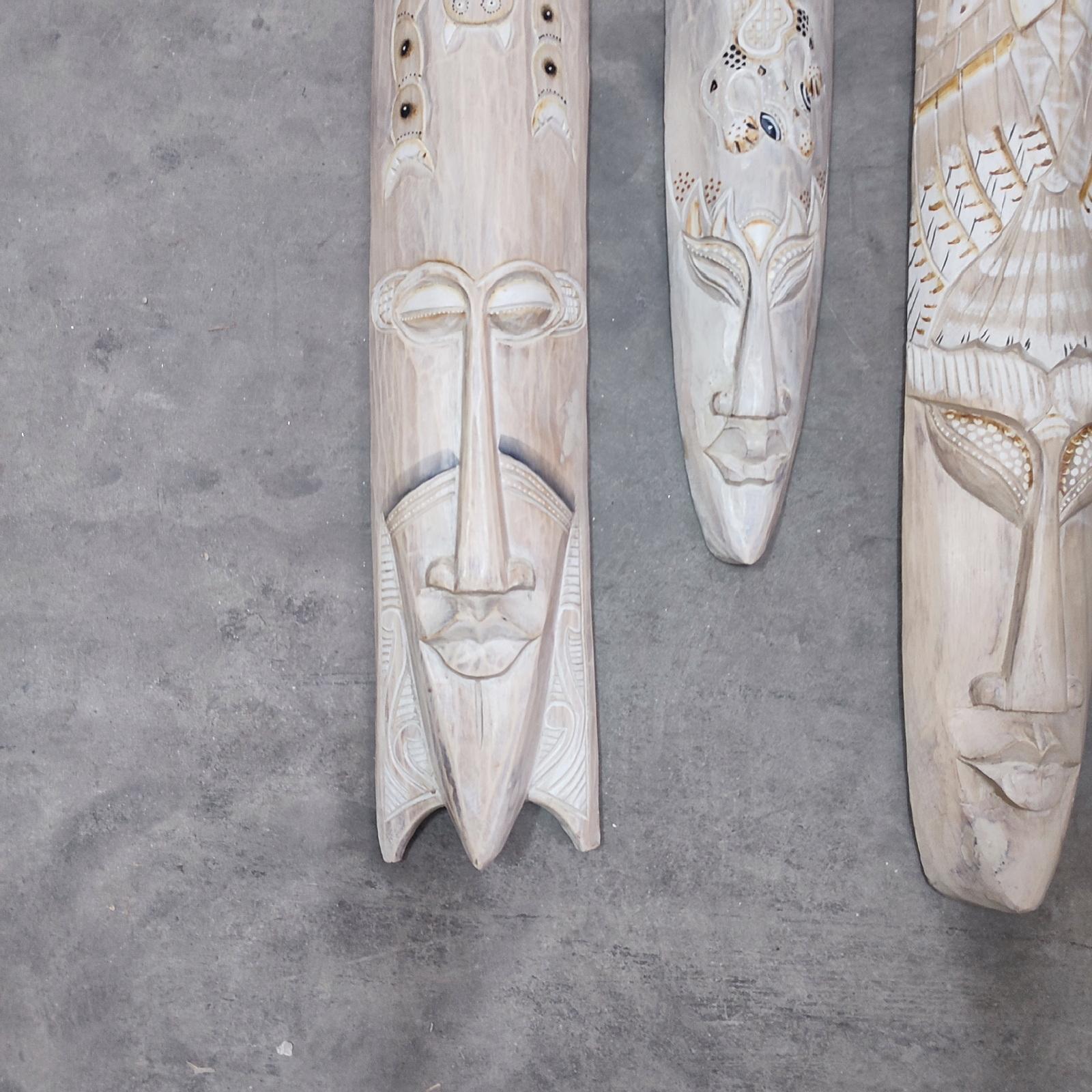 Large Vintage 3.3 Feet Tall African Hand Carved Wood Wall Masks, Set of Three For Sale 1