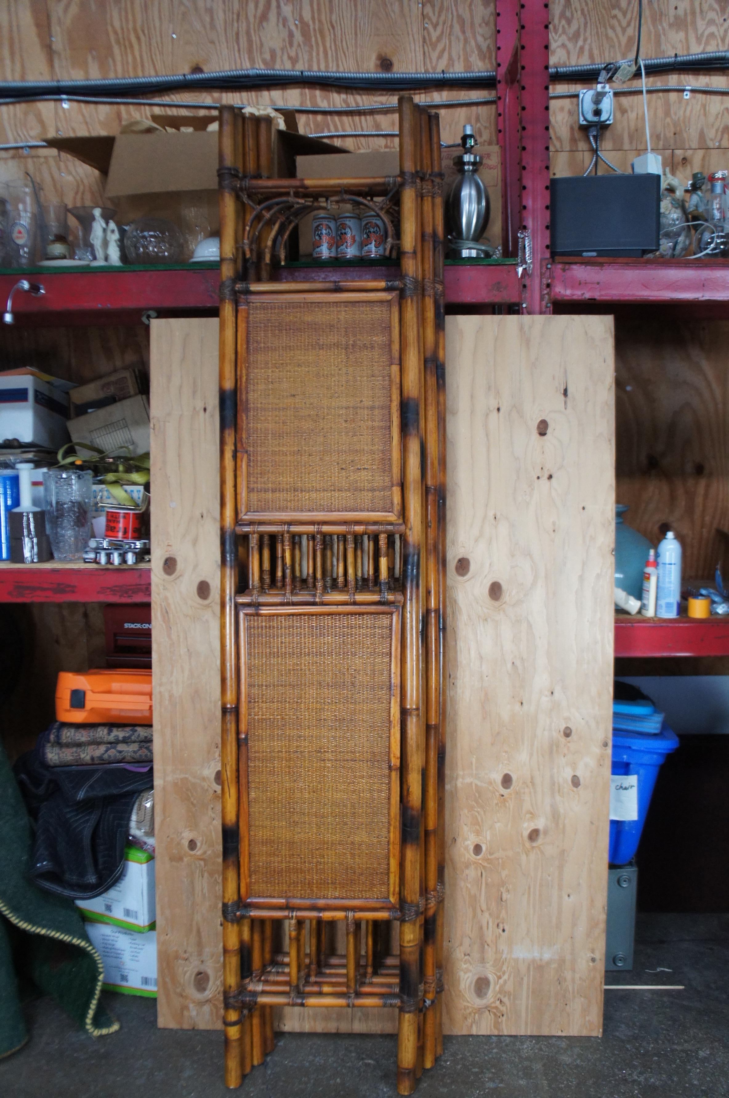 Grand paravent vintage à 5 panneaux en bambou brûlé et en rotin, séparateur de pièce 96