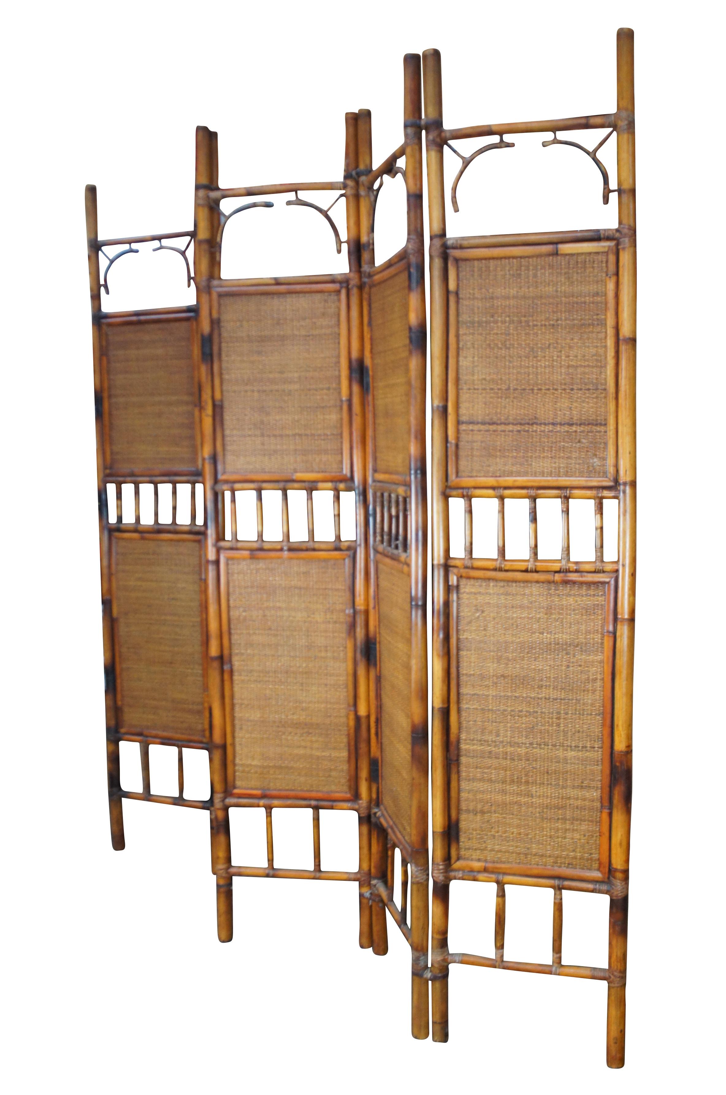 Chinoiseries Grand paravent vintage à 5 panneaux en bambou brûlé et en rotin, séparateur de pièce 96