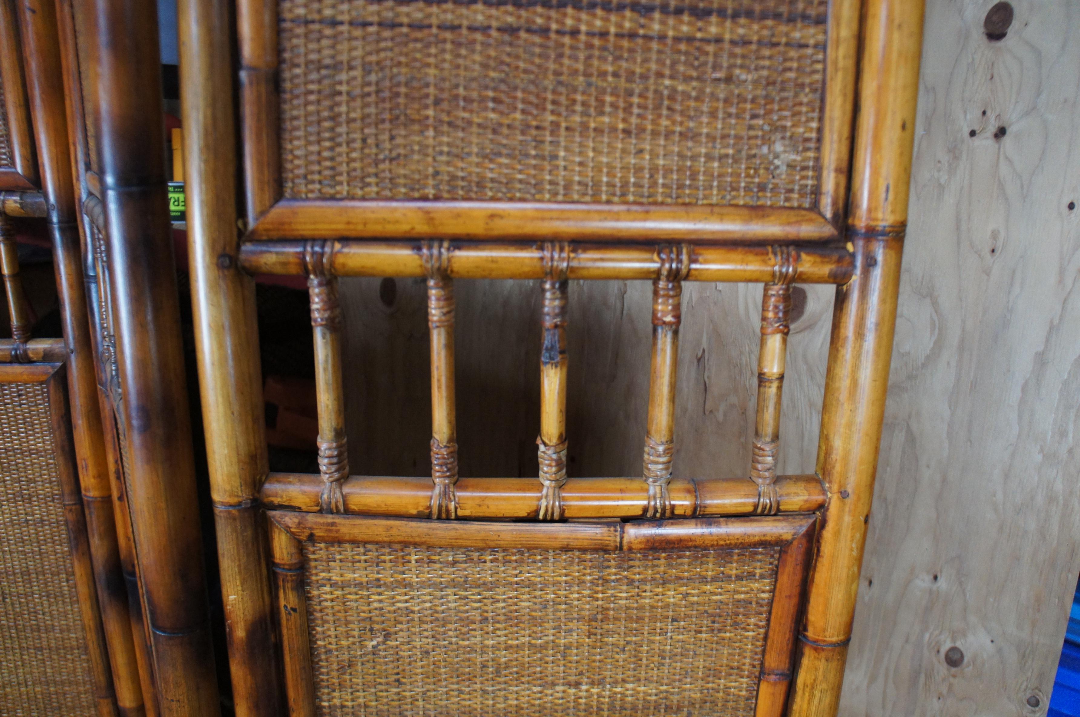 Grand paravent vintage à 5 panneaux en bambou brûlé et en rotin, séparateur de pièce 96