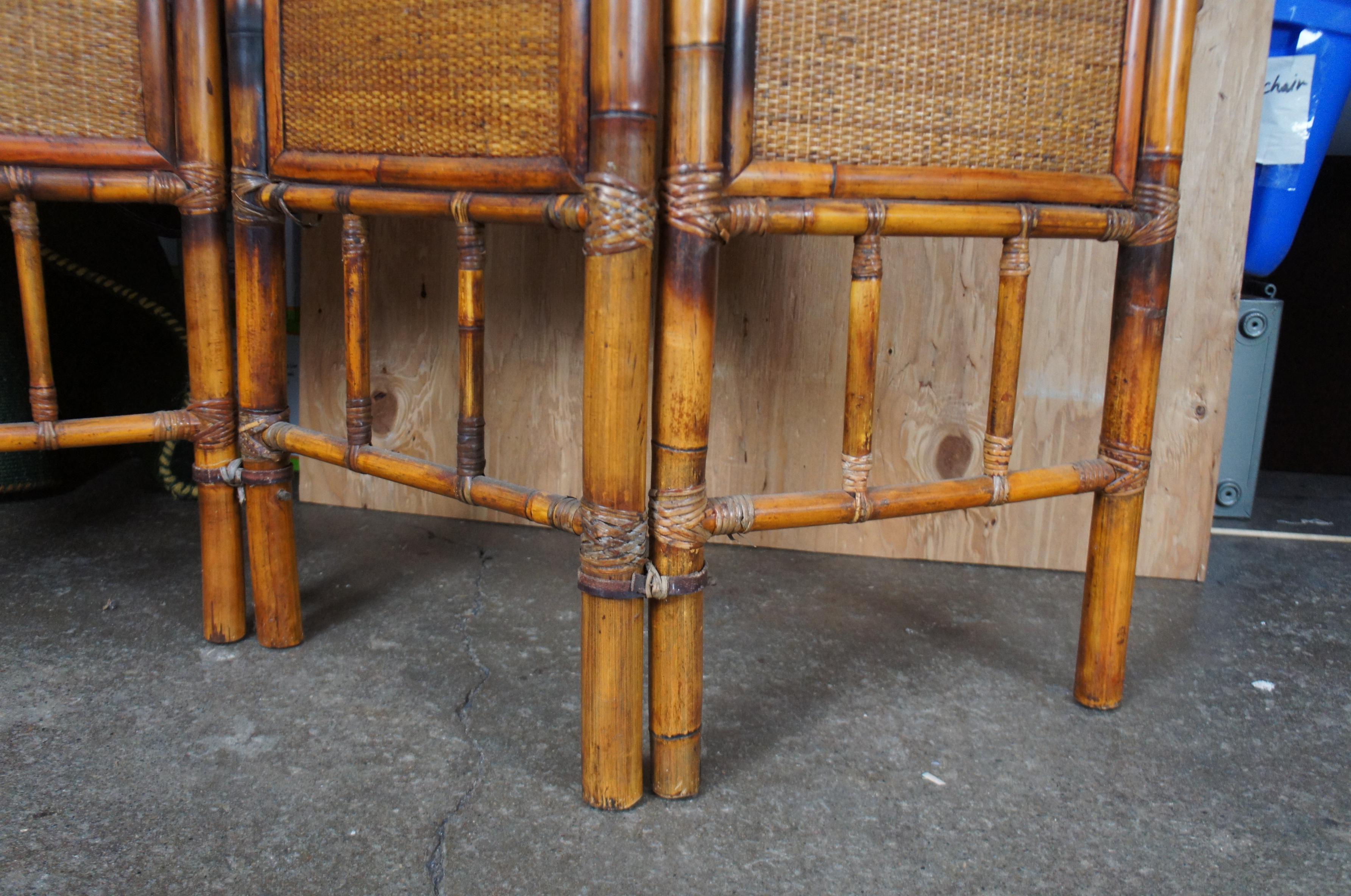 Bambou Grand paravent vintage à 5 panneaux en bambou brûlé et en rotin, séparateur de pièce 96