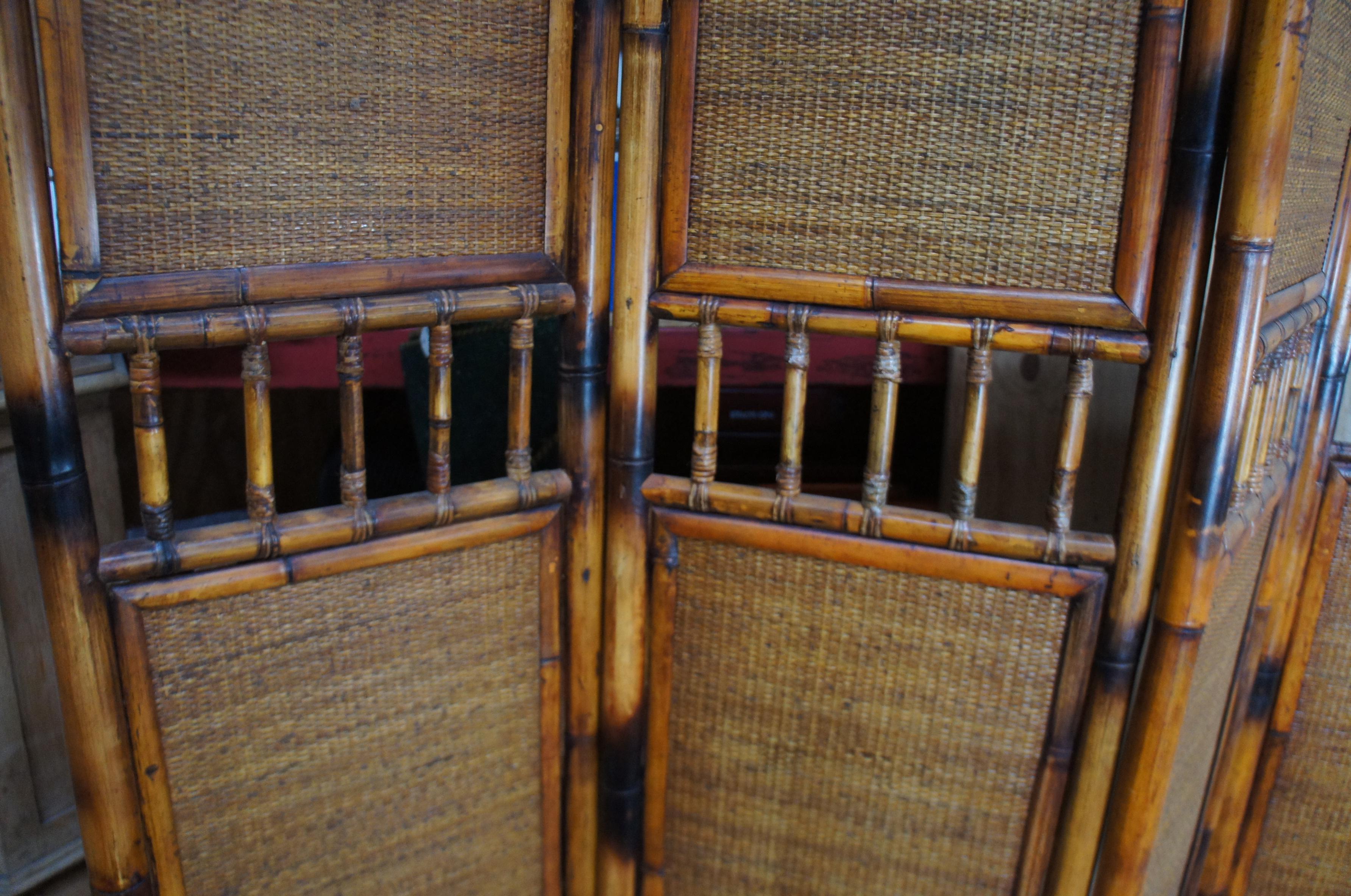 Grand paravent vintage à 5 panneaux en bambou brûlé et en rotin, séparateur de pièce 96