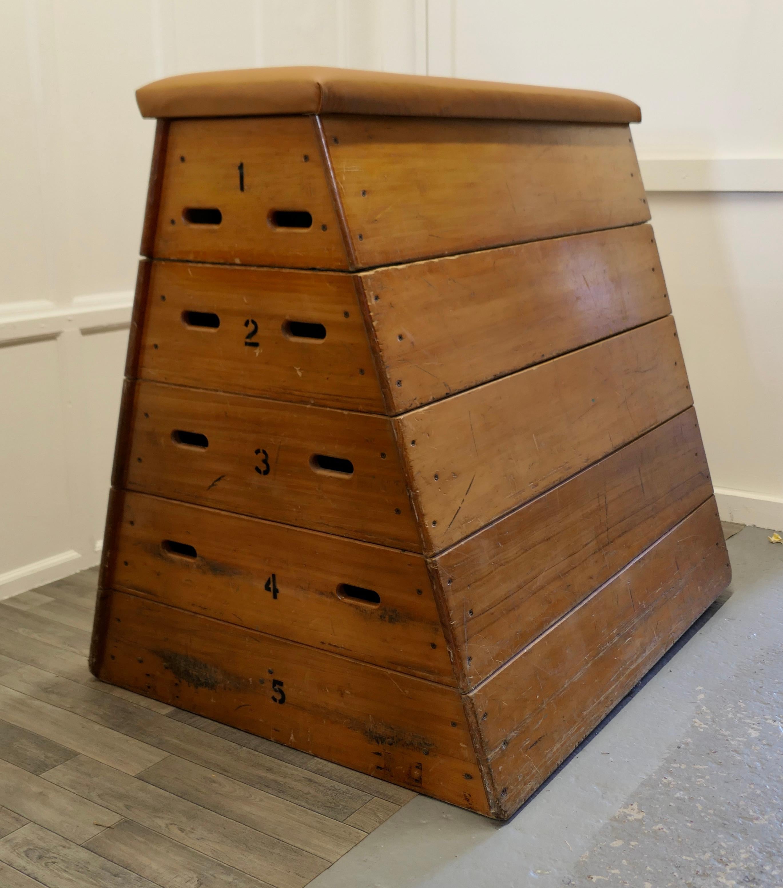 Large vintage 5 section heavy pine vaulting box

A Great find this box is a top end design dating from the1950s, large size with a retractable Transport system 
The box is in good sound condition and it has a new soft leather top and really lends