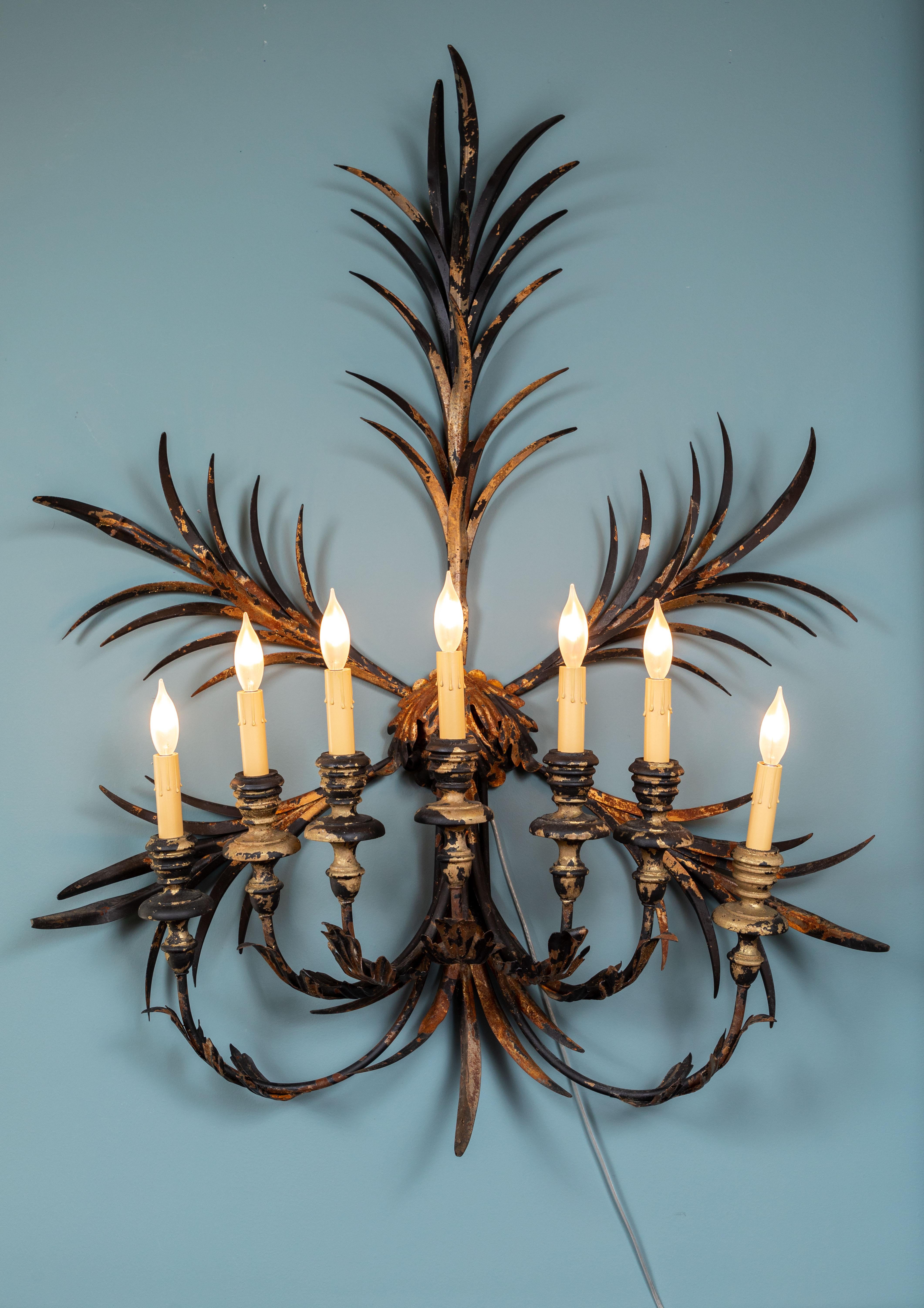 20th Century Large Vintage 7-Light Iron and Wood Wall Sconce, Italy