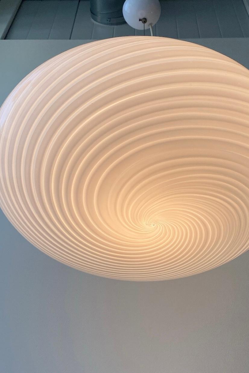 Late 20th Century Large Vintage 70s Italian Murano Pendant Ceiling Lamp White Swirl Glass