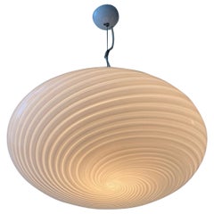 Large Vintage 70s Italian Murano Pendant Ceiling Lamp White Swirl Glass