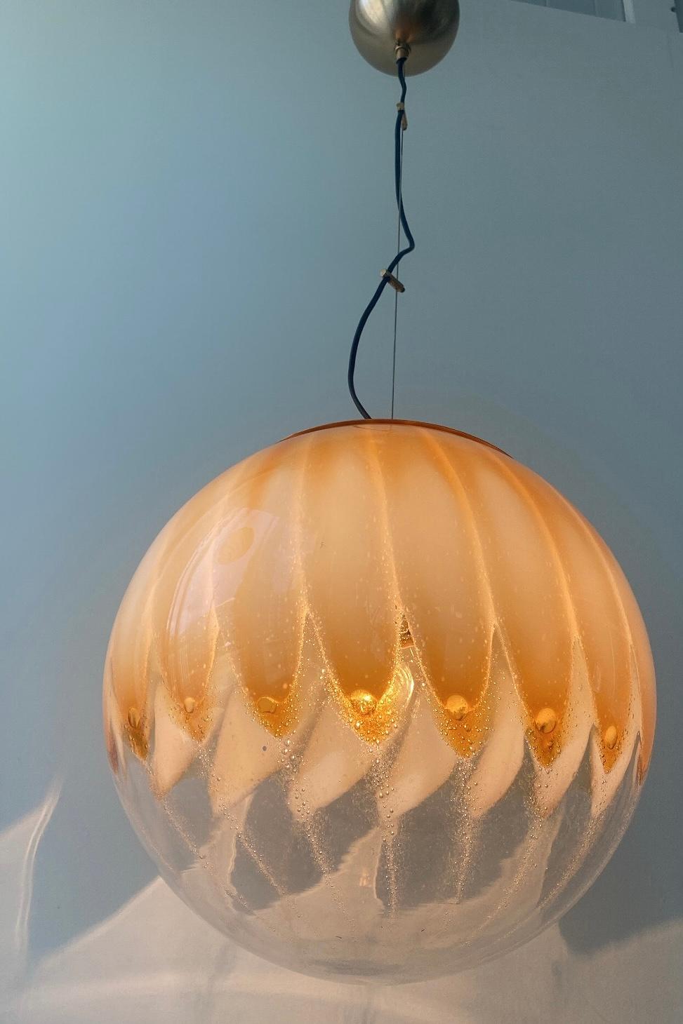 Brass Large Vintage 70s Italian Murano Pendant orange yellow Ceiling Lamp Glass