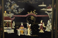 Large Vintage Black Lacquer Oriental Chinese Carved Soapstone 5-Panel Screen