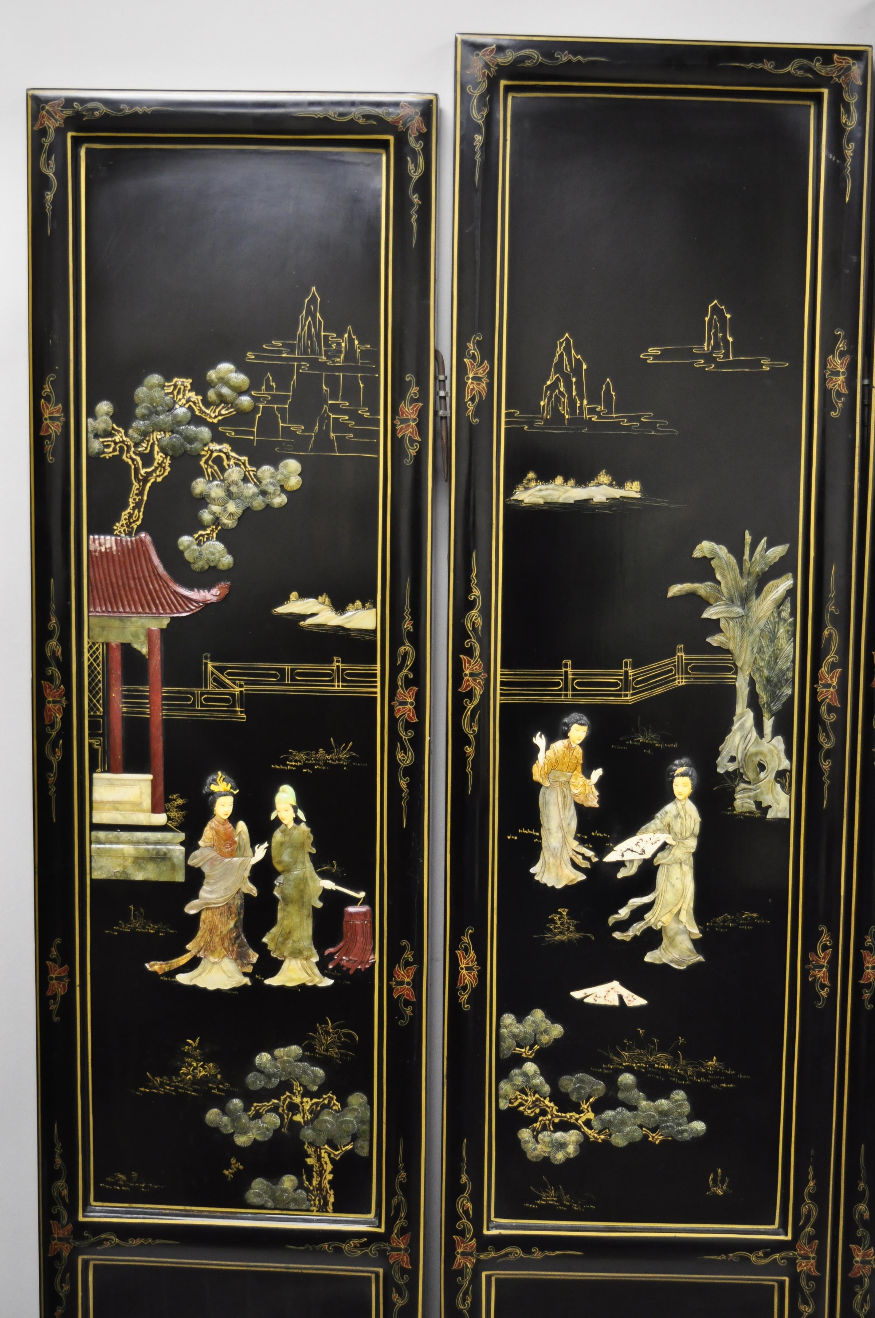 Chinoiserie Large Vintage Black Lacquer Oriental Chinese Carved Soapstone 5-Panel Screen