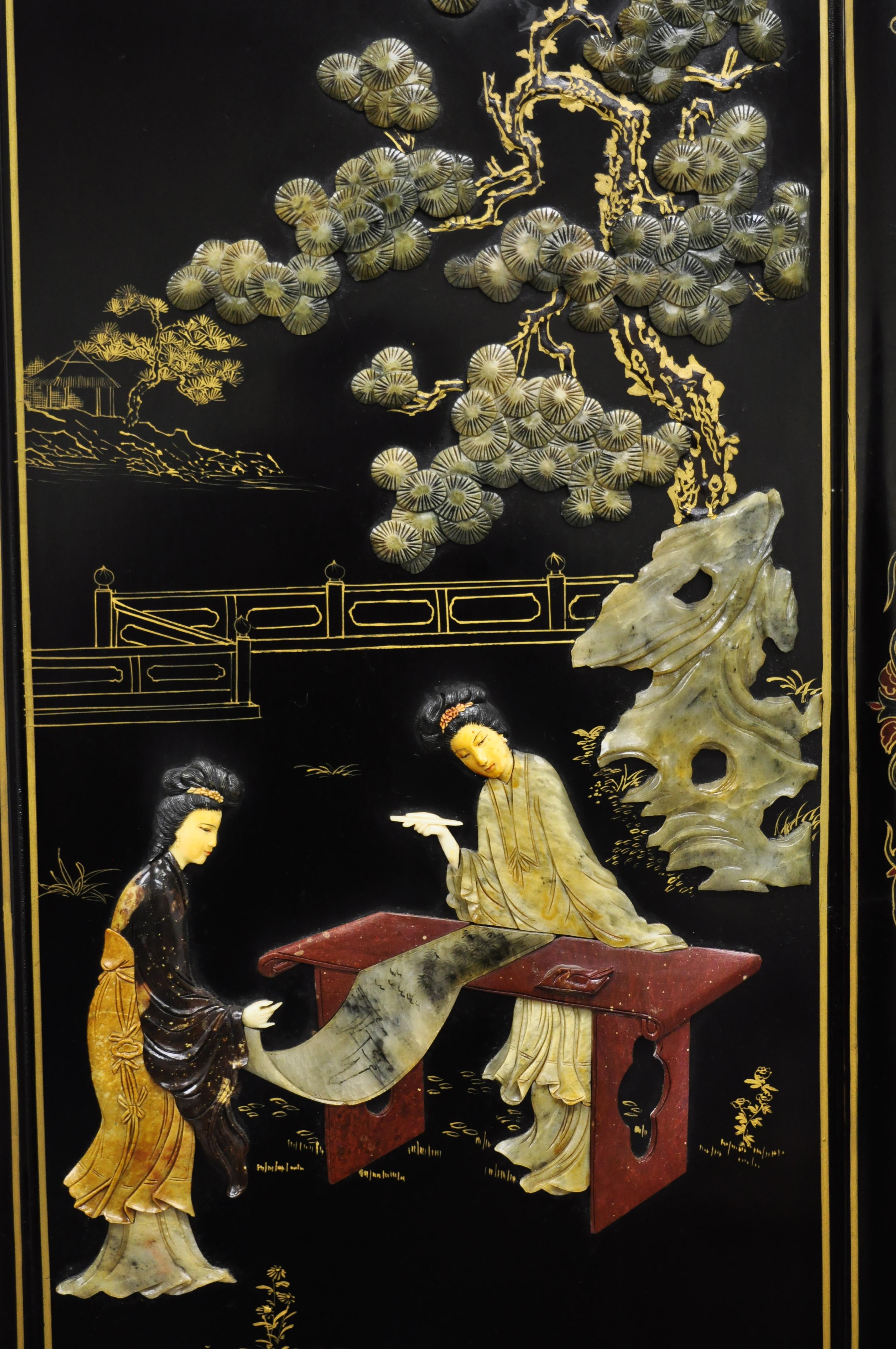 Large Vintage Black Lacquer Oriental Chinese Carved Soapstone 5-Panel Screen In Good Condition In Philadelphia, PA
