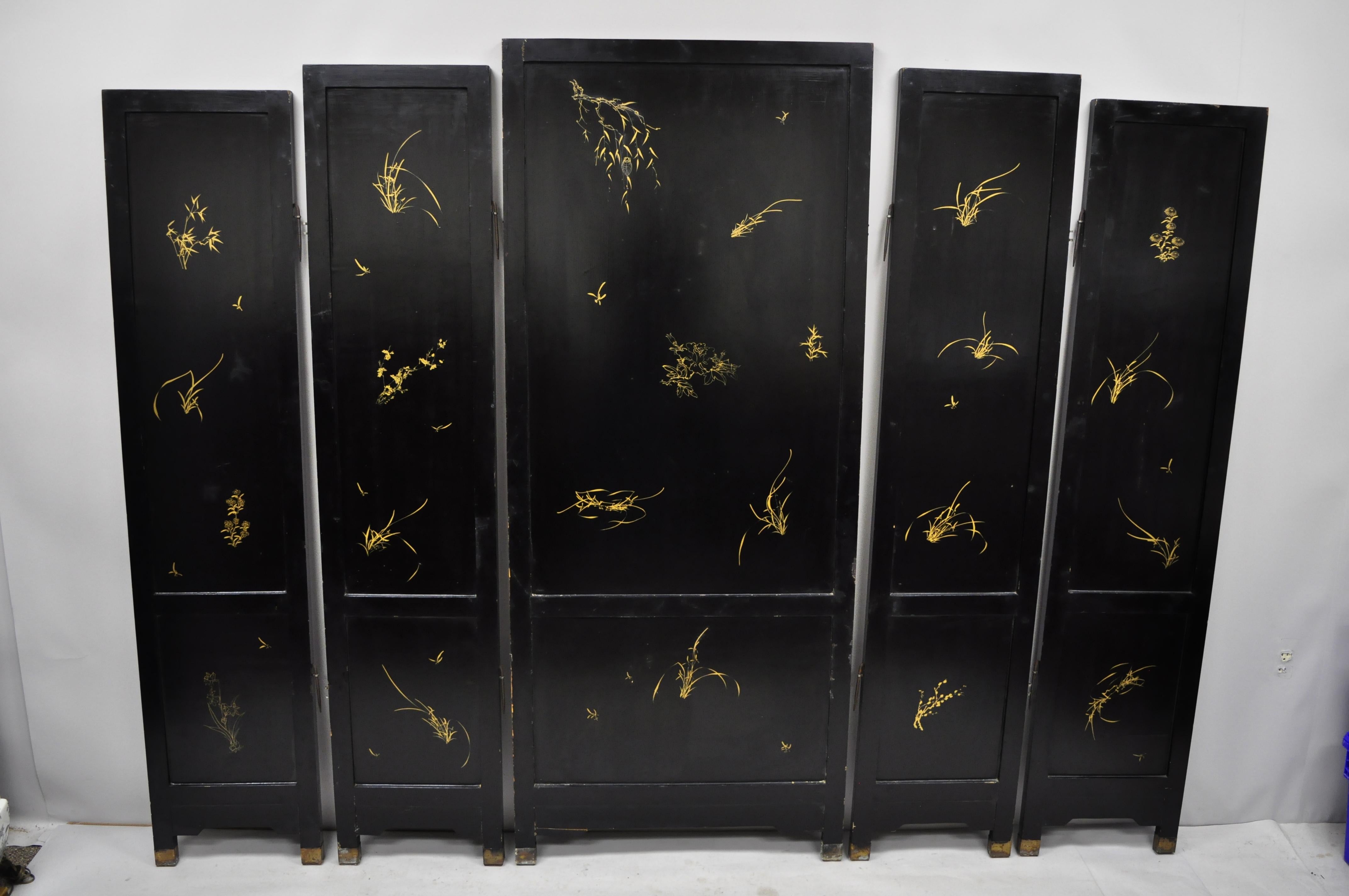 20th Century Large Vintage Black Lacquer Oriental Chinese Carved Soapstone 5-Panel Screen