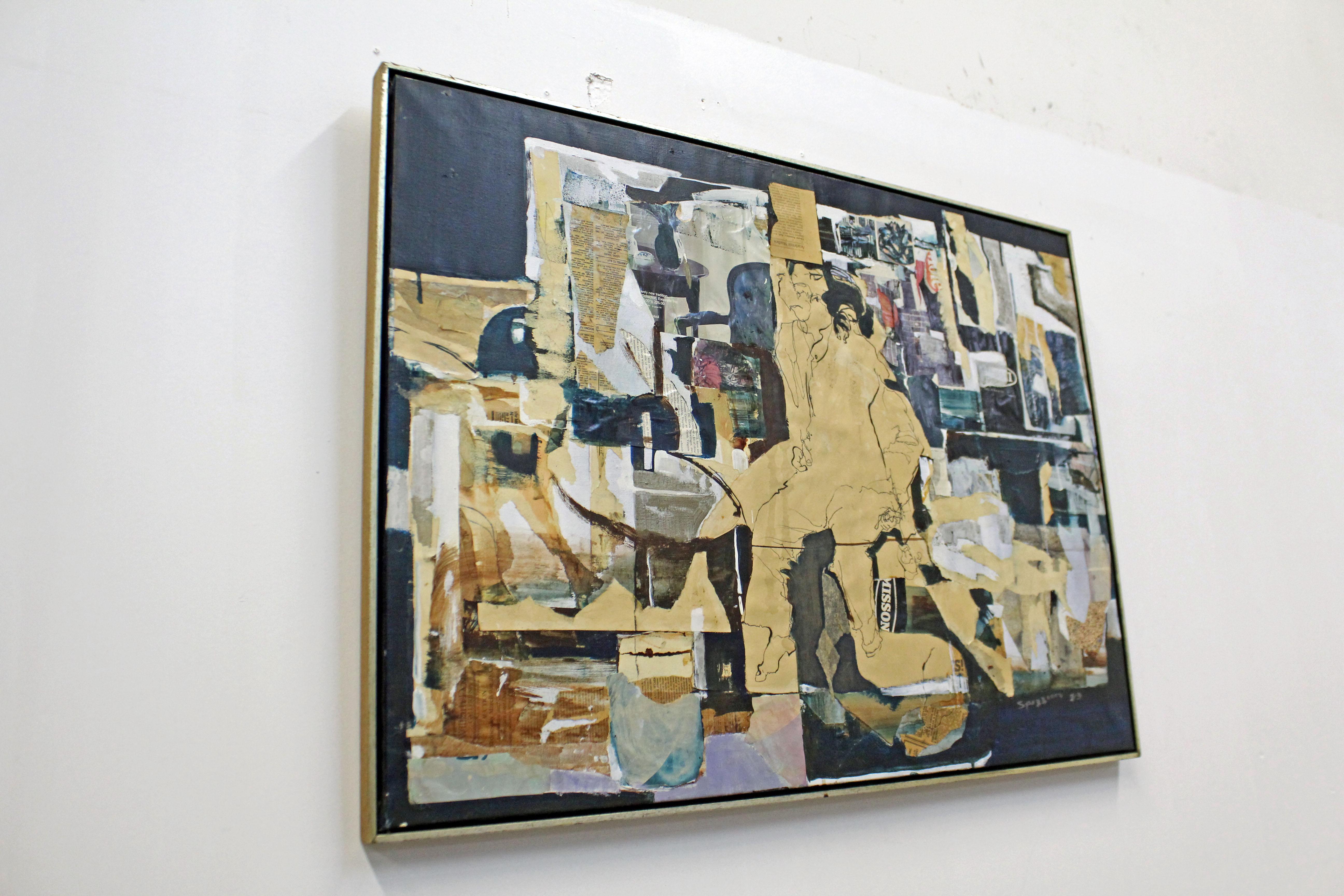 Offered is a large vintage modern/abstract collage on canvas by Peter Spizzirri of Greenwich, CT. Features old pieces of newspaper and magazine glued and painted over on a painted black background. It is in good condition, shows slight age wear on