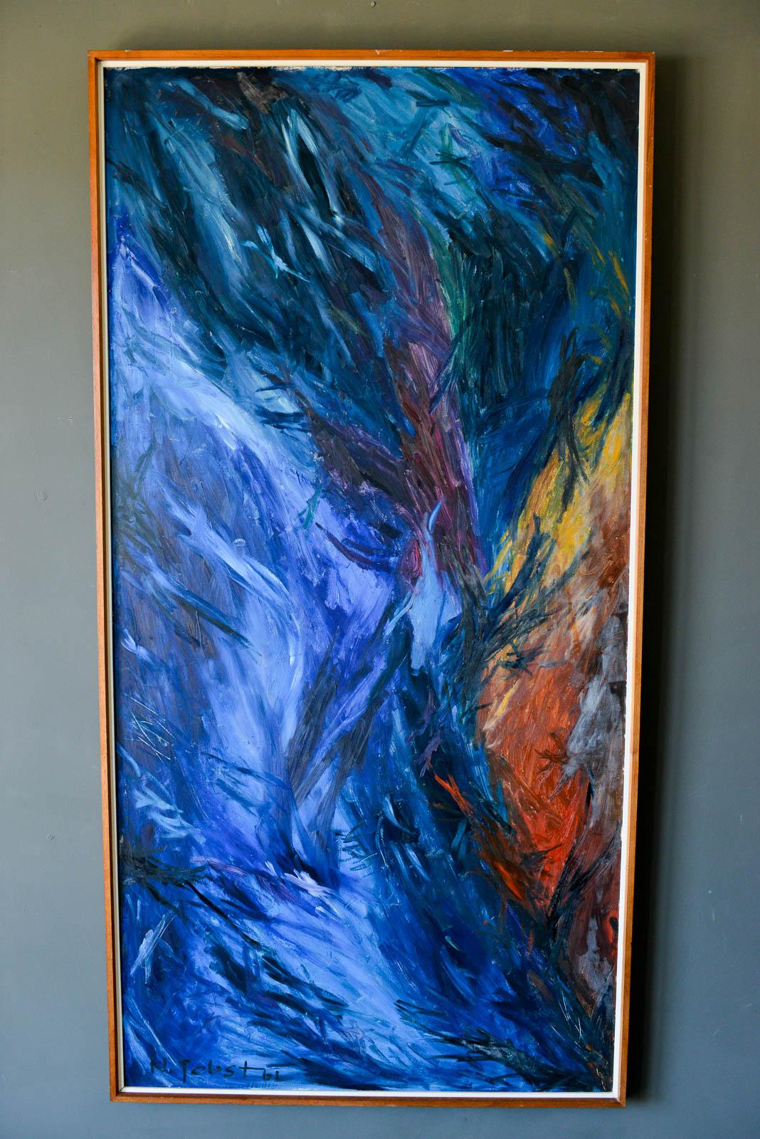 Large Vintage Abstract Painting by N. Jobst, 1961. Original piece with original vintage frame in overall very good condition with no staining. Wood frame is original along with linen matting. Can be hung vertical or horizontal.

Measures 74