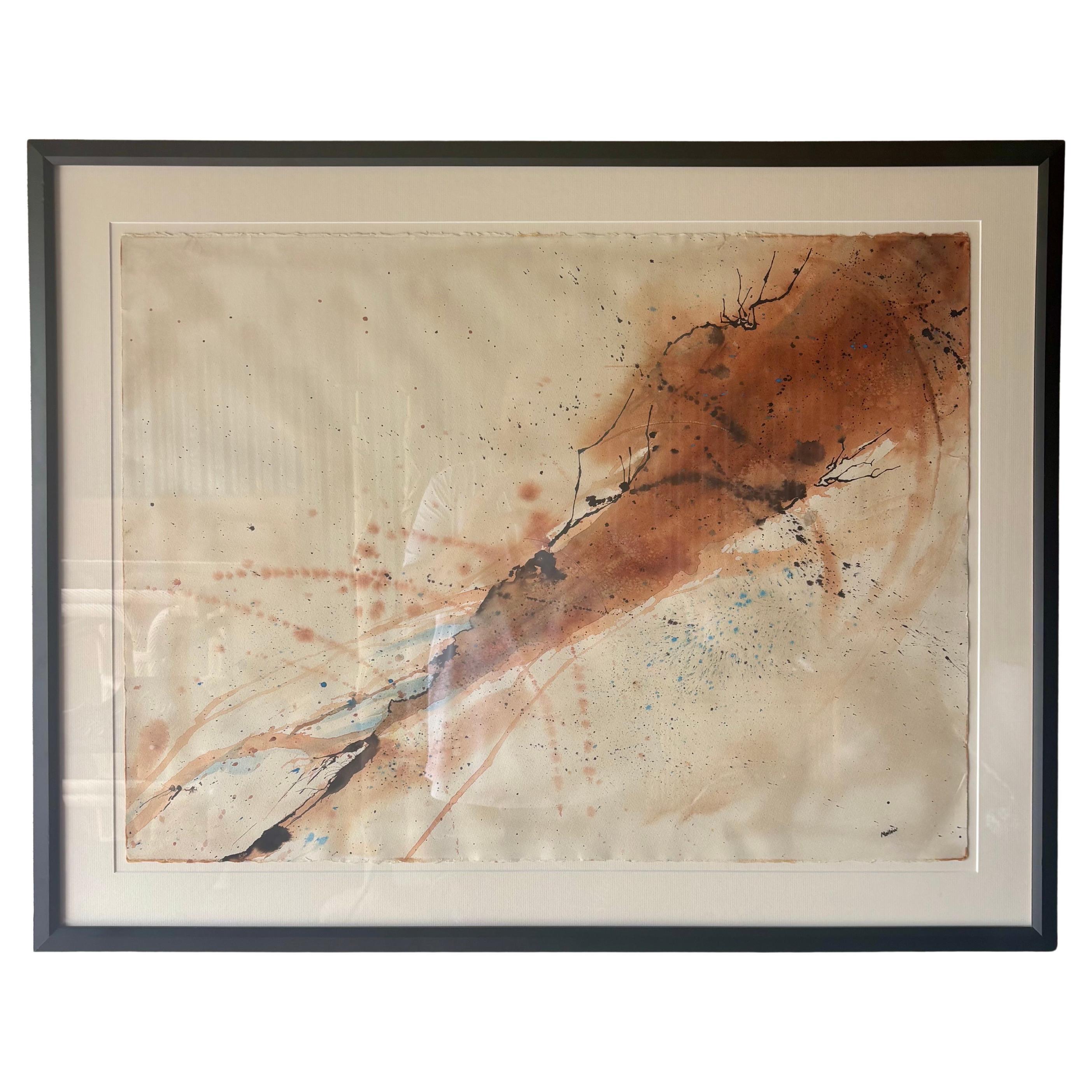 Large Vintage Abstract Watercolor - Mid-Century Modern Framed Art, Signed