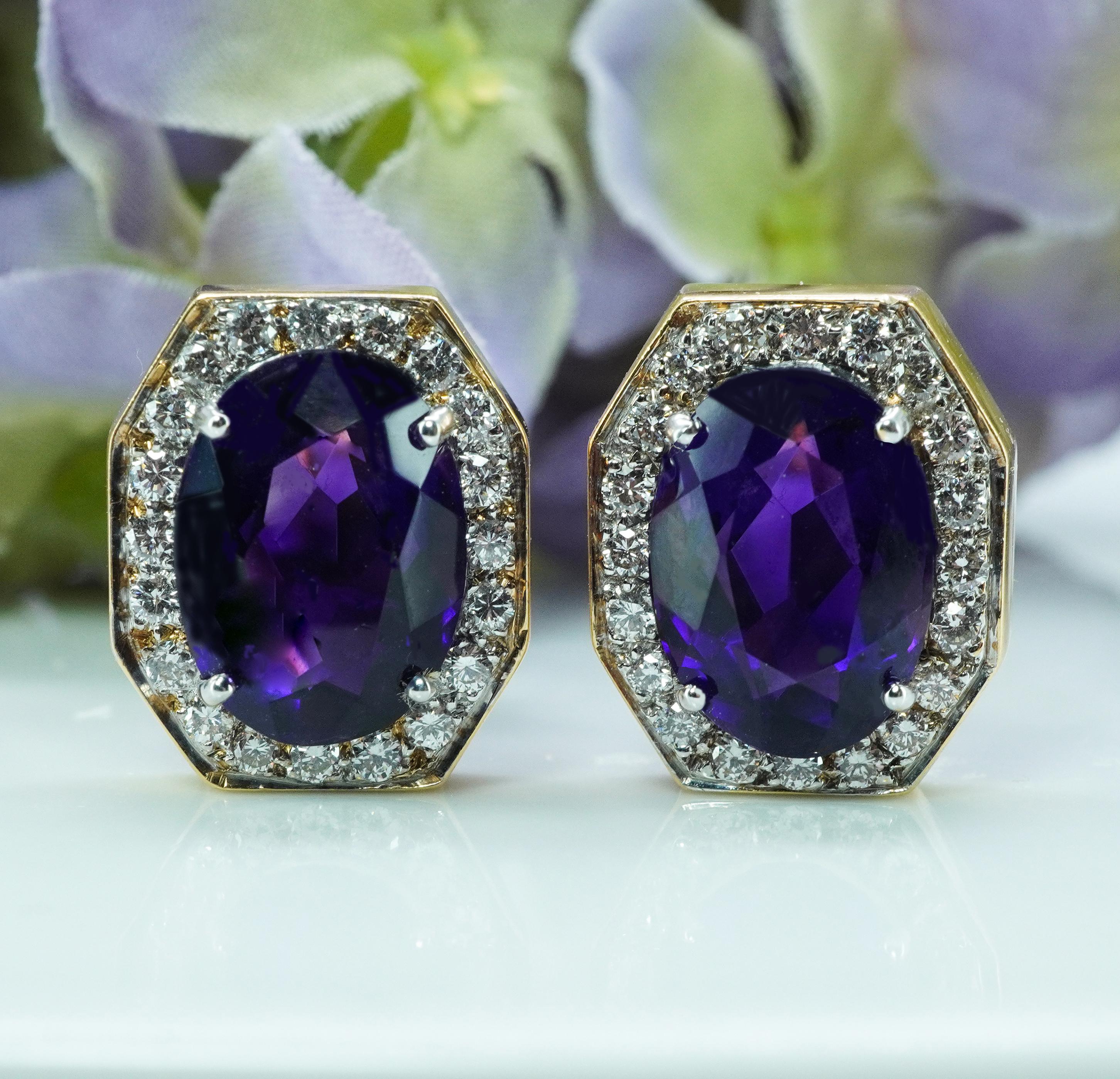  Large Vintage African Amethyst Diamond 14K Gold Earrings Designer Signed Estate 

These beautiful estate earrings are crafted in rich 14K yellow gold. Signed by designer on the inside, it appears to be letter M and something else. The earrings are