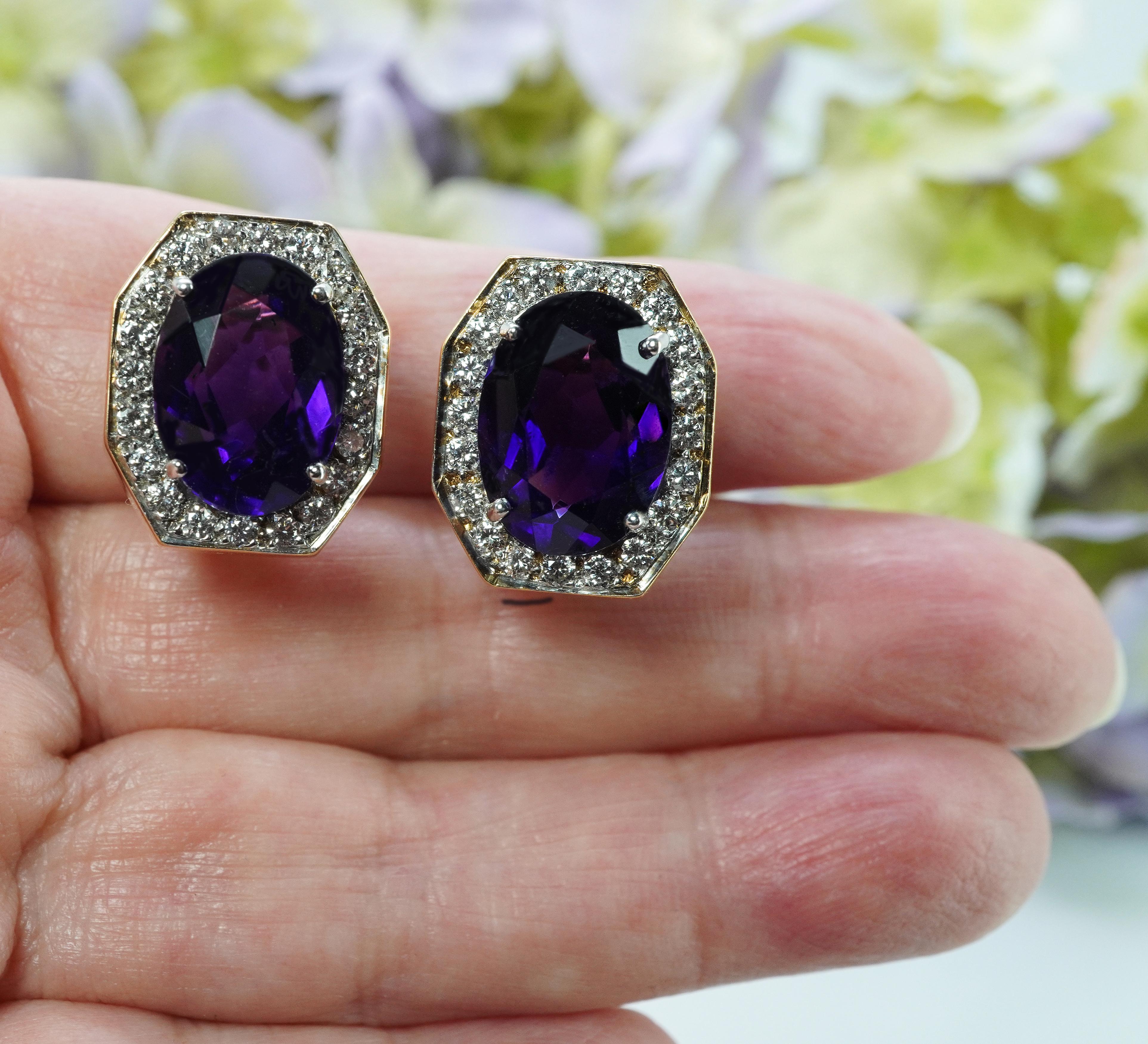 Retro Large Vintage African Amethyst Diamond 14K Gold Earrings Designer Signed Estate For Sale