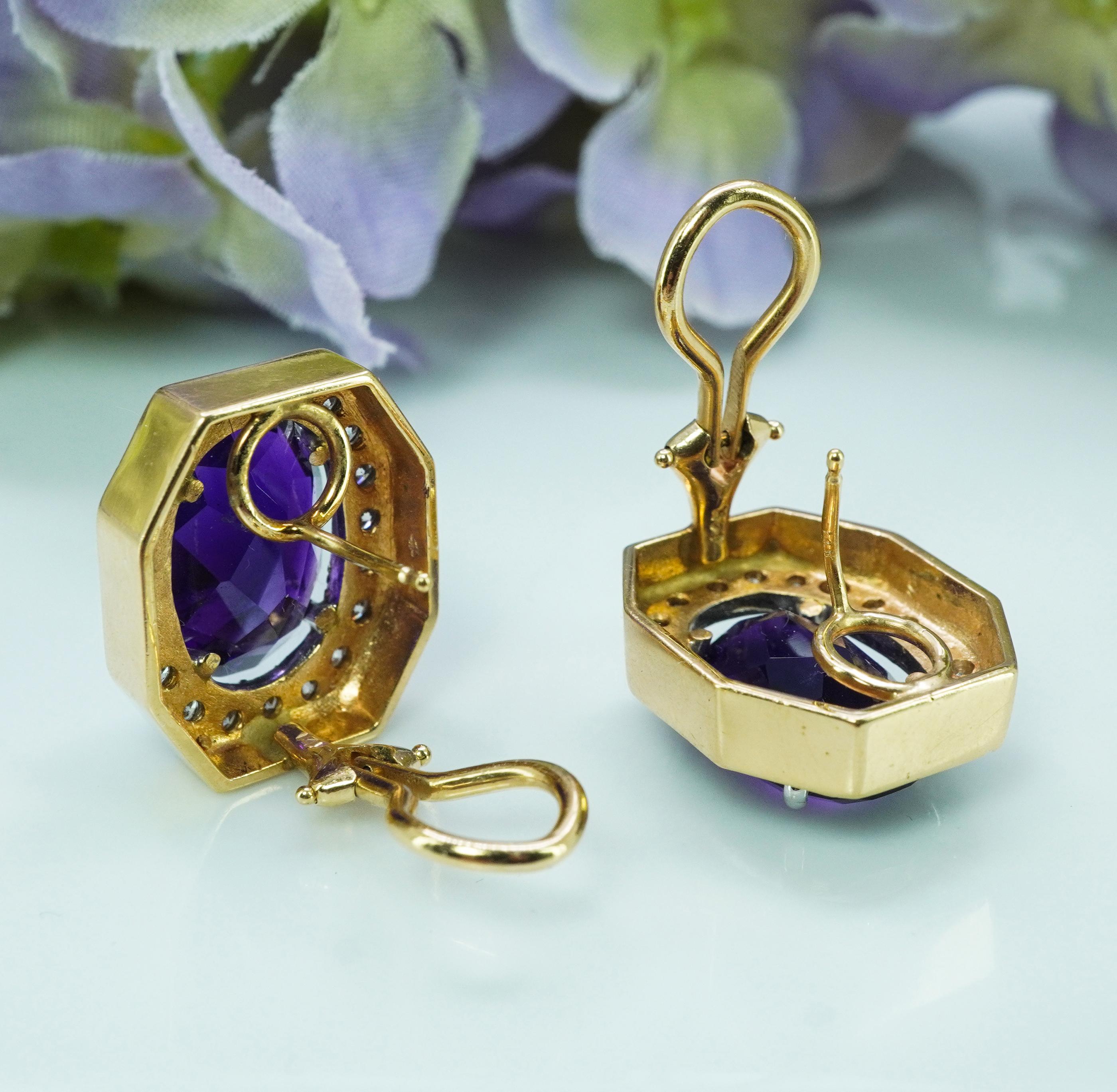Round Cut Large Vintage African Amethyst Diamond 14K Gold Earrings Designer Signed Estate For Sale