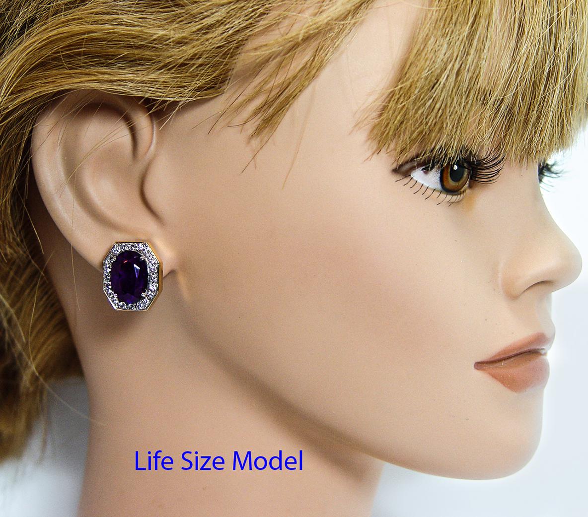 Large Vintage African Amethyst Diamond 14K Gold Earrings Designer Signed Estate In Good Condition For Sale In Brambleton, US