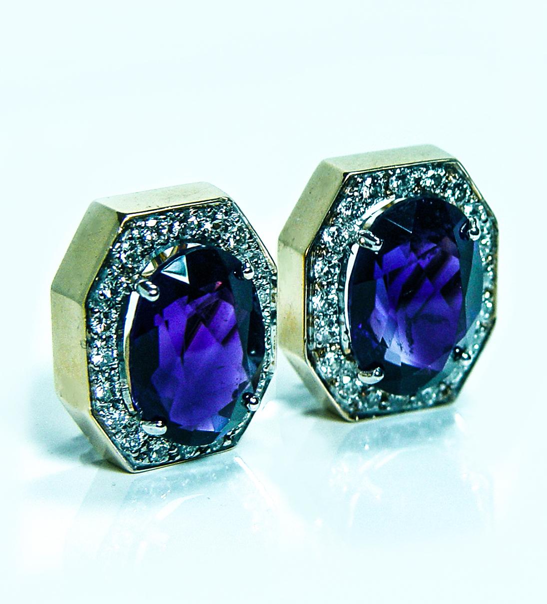 Women's Large Vintage African Amethyst Diamond 14K Gold Earrings Designer Signed Estate For Sale