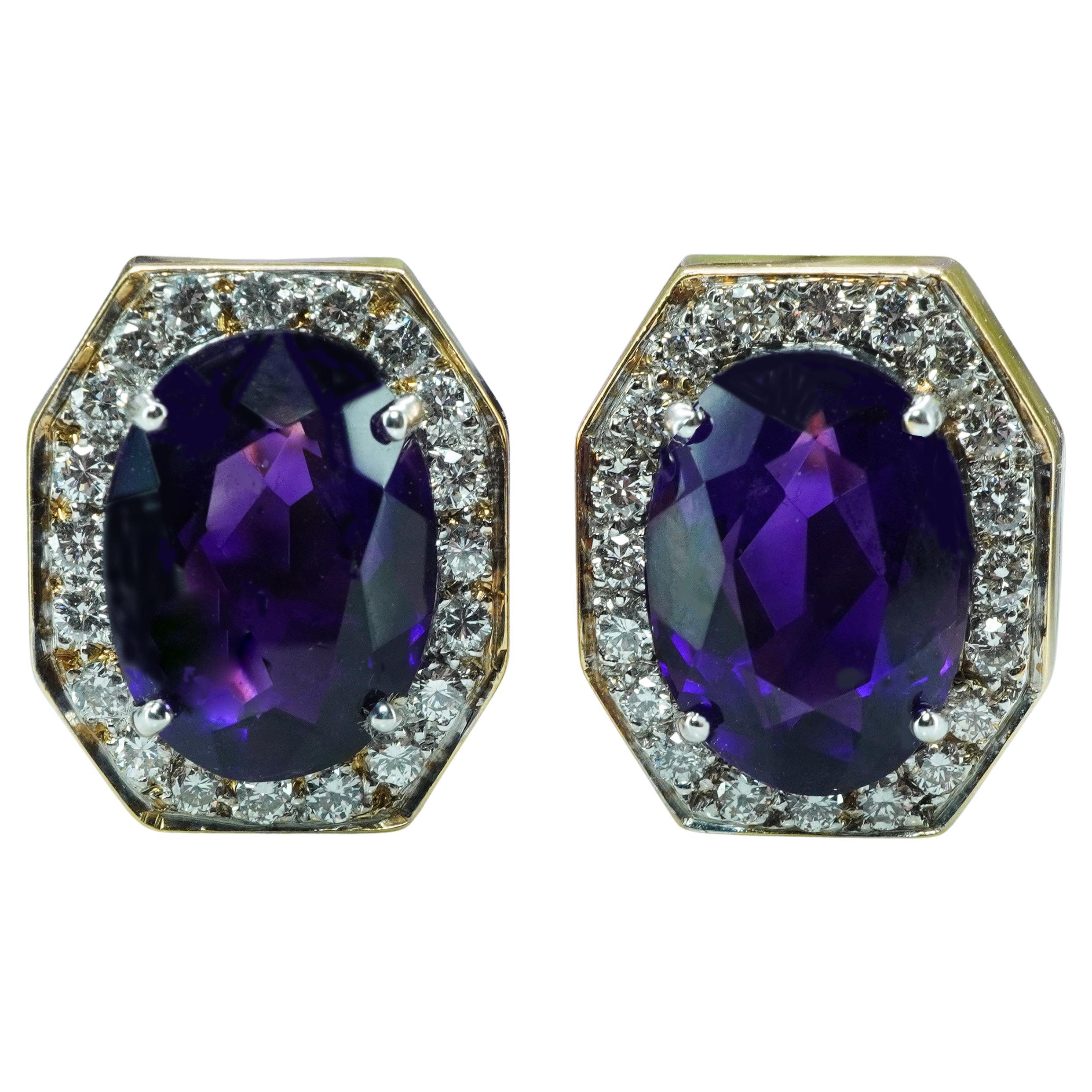 Large Vintage African Amethyst Diamond 14K Gold Earrings Designer Signed Estate For Sale