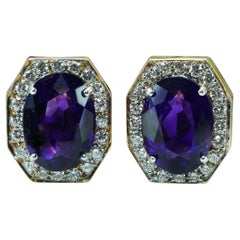 Large Vintage African Amethyst Diamond 14K Gold Earrings Designer Signed Estate