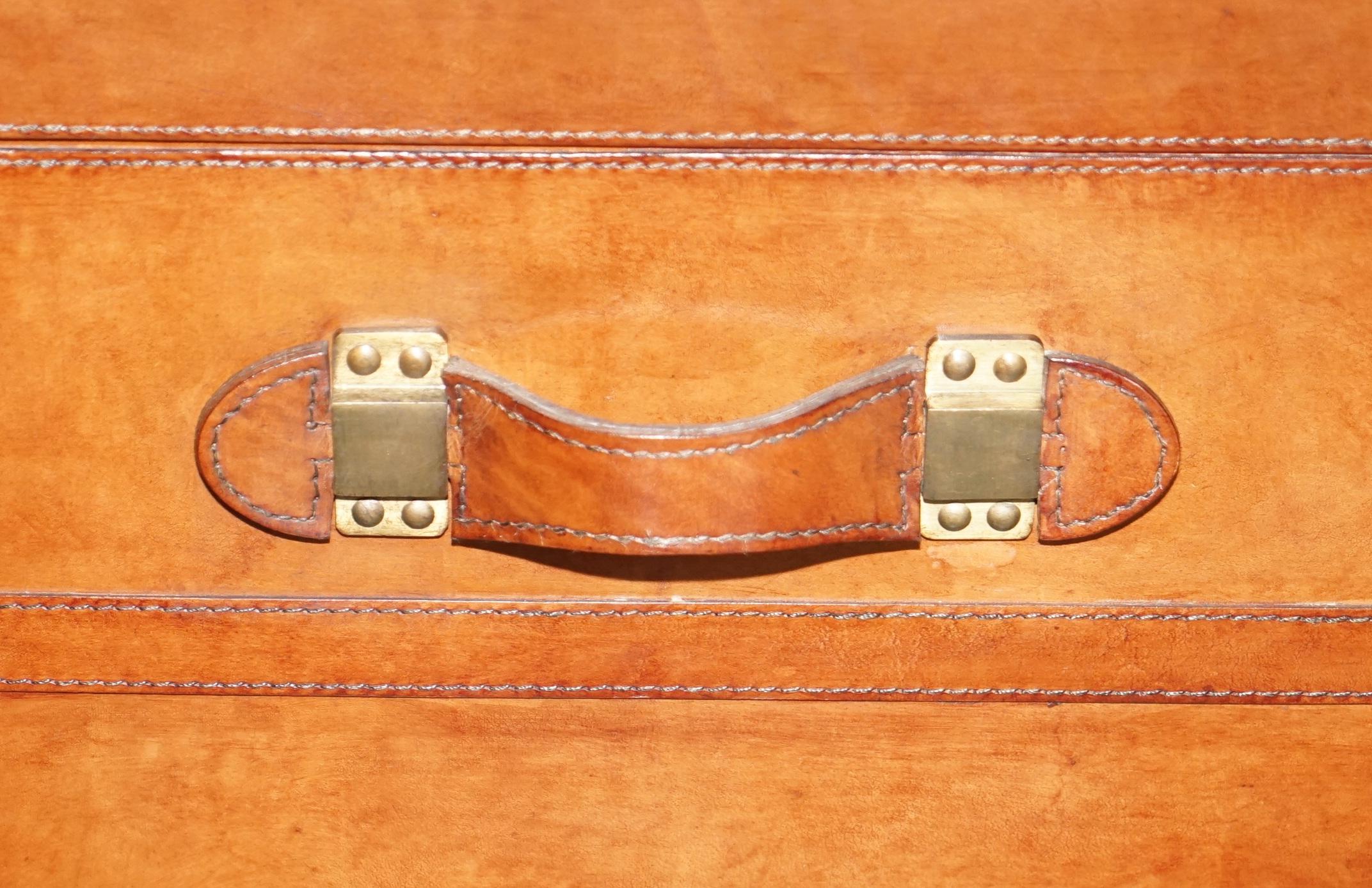 Large Vintage Age Brown Leather Bound Steamer Linen Trunk with Velvet Lining 3