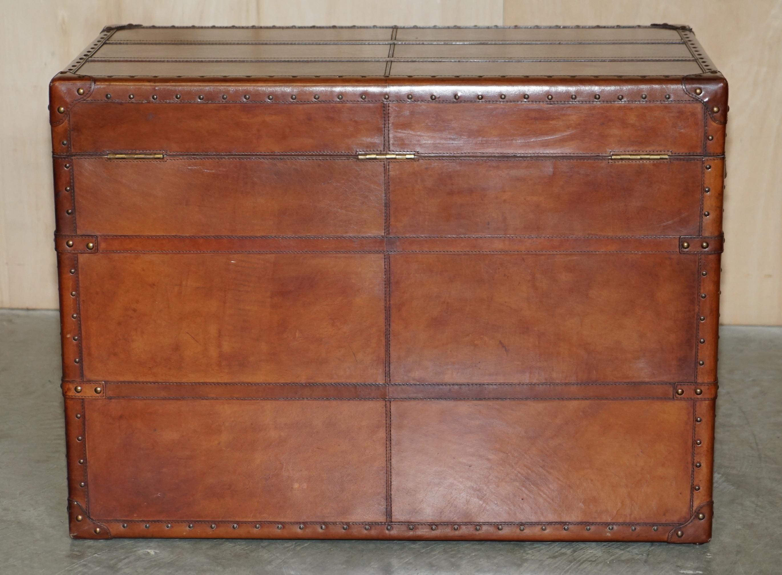 Large Vintage Age Brown Leather Bound Steamer Linen Trunk with Velvet Lining 4