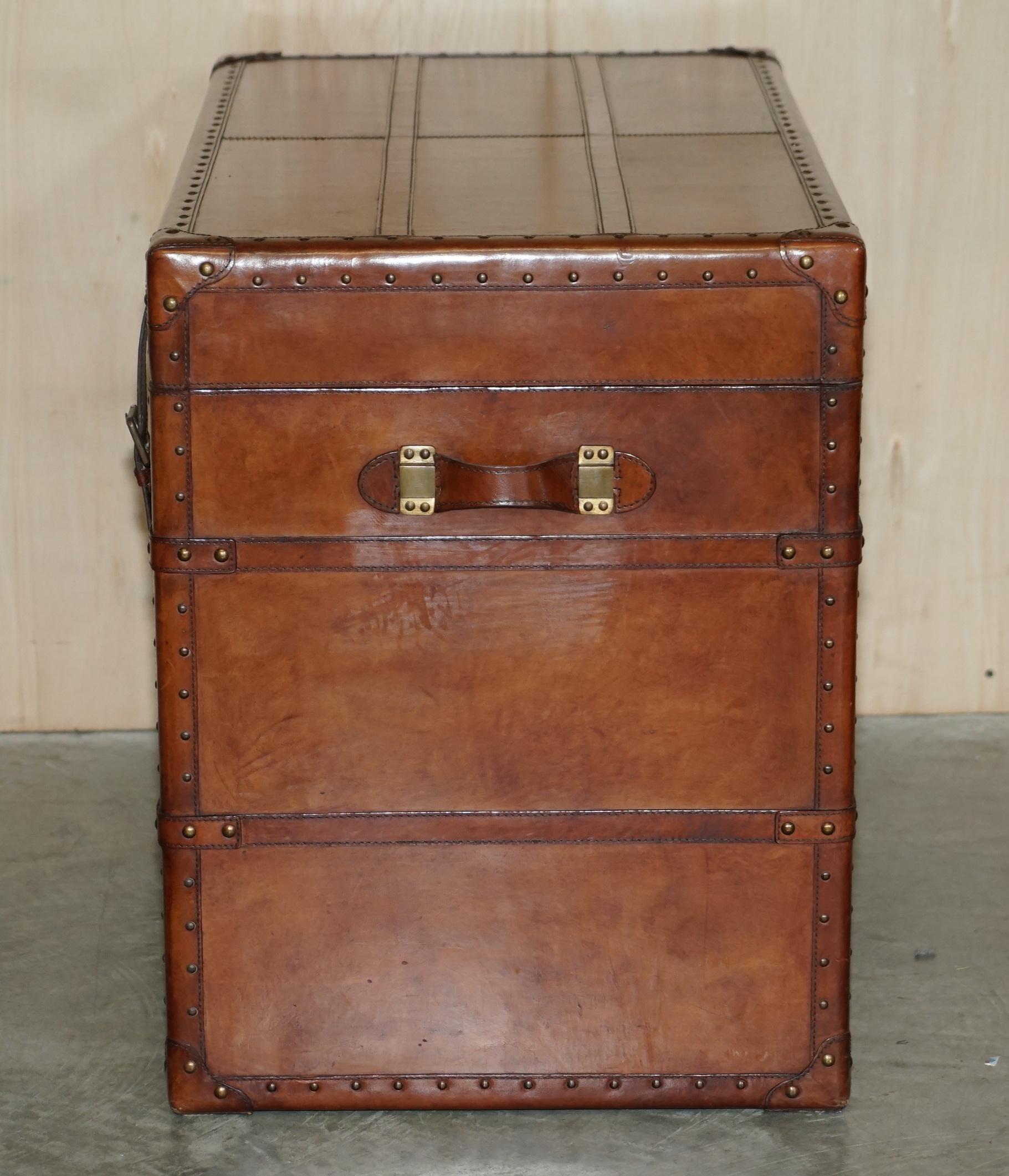 Large Vintage Age Brown Leather Bound Steamer Linen Trunk with Velvet Lining 5